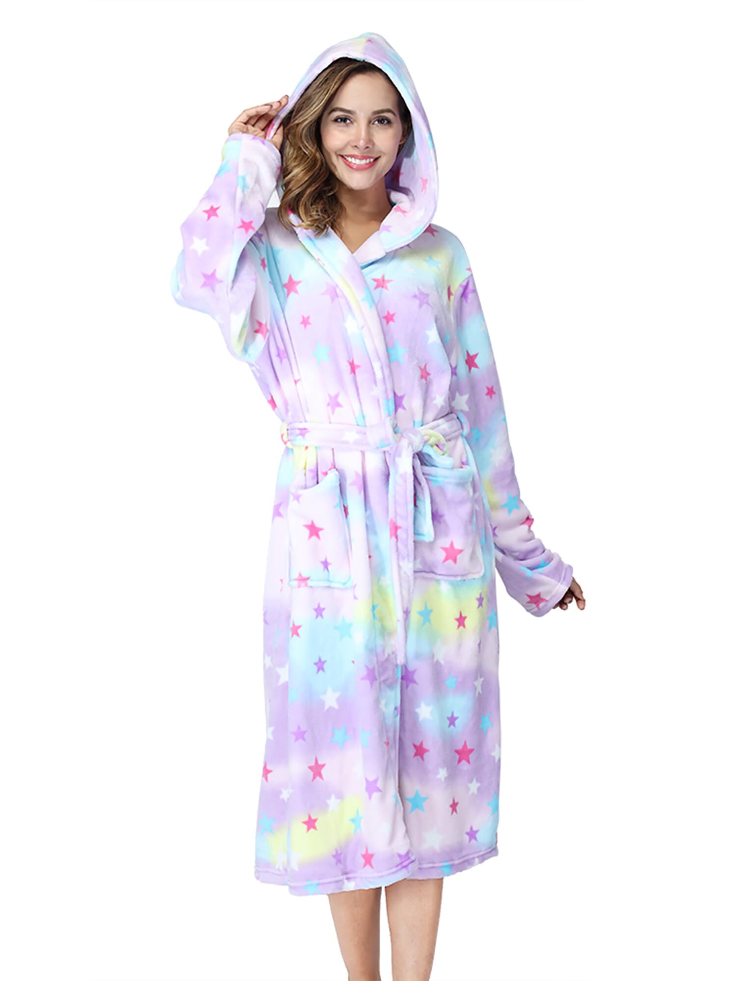 RONGTAIWomens Robes Plush Fleece Hooded Bathrobe Thick Nightgown with Pockets Fluffy SleepwearOEKO-TEX STANDARD 100