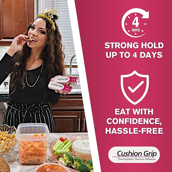 Cushion Grip Thermoplastic Denture Adhesive, 0.35 oz Travel Size (Pack of 3) Refits and Tightens Loose Dentures for Up to 4 Days | Non-Glue, Zinc-Free, Waterproof Formula, Acts Like a Soft Reliner