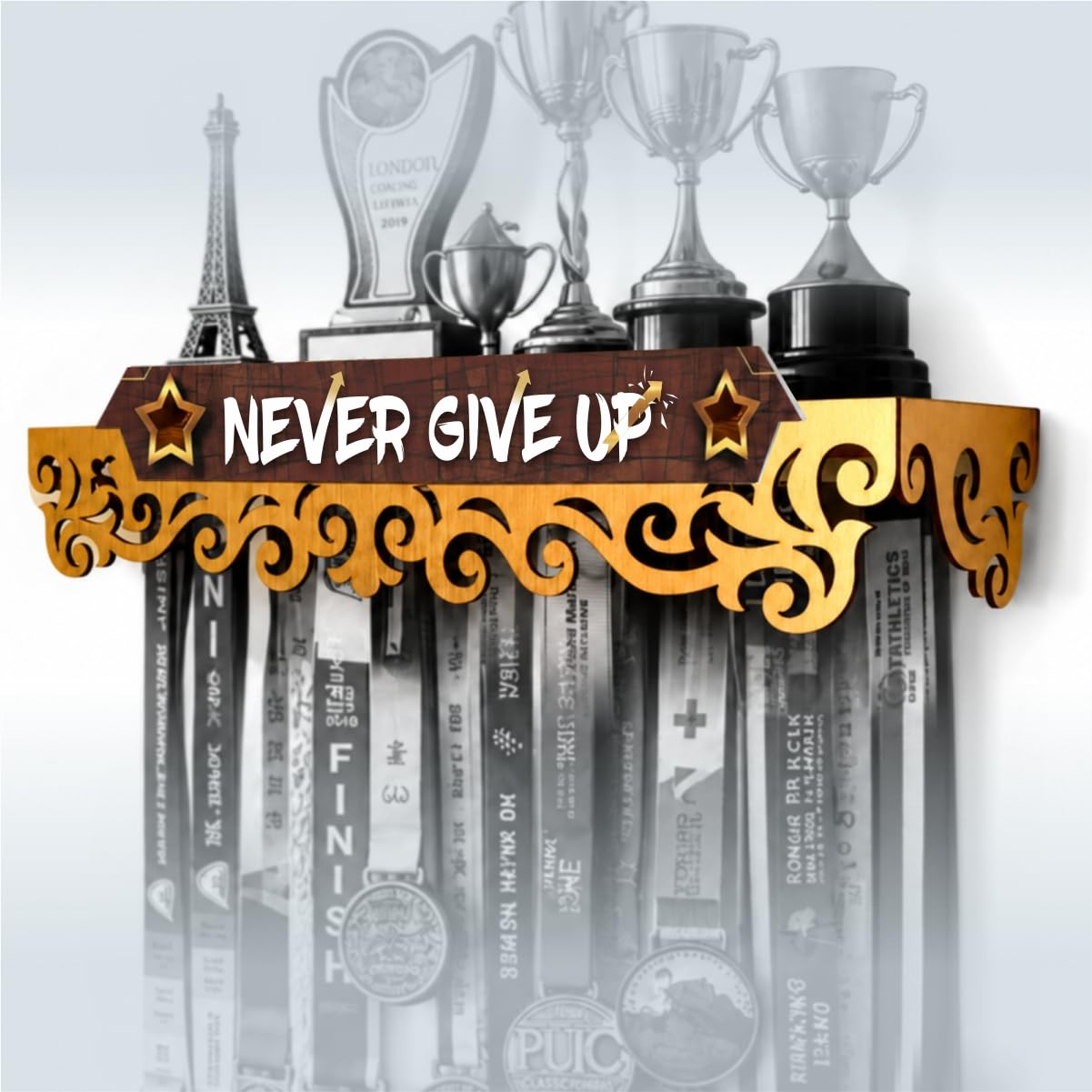 medal space Medal SPACE® Never Give-Up Upto 50+Medals & 4-5 Trophy's Capacity Metal Hanger Shelves-picture-15