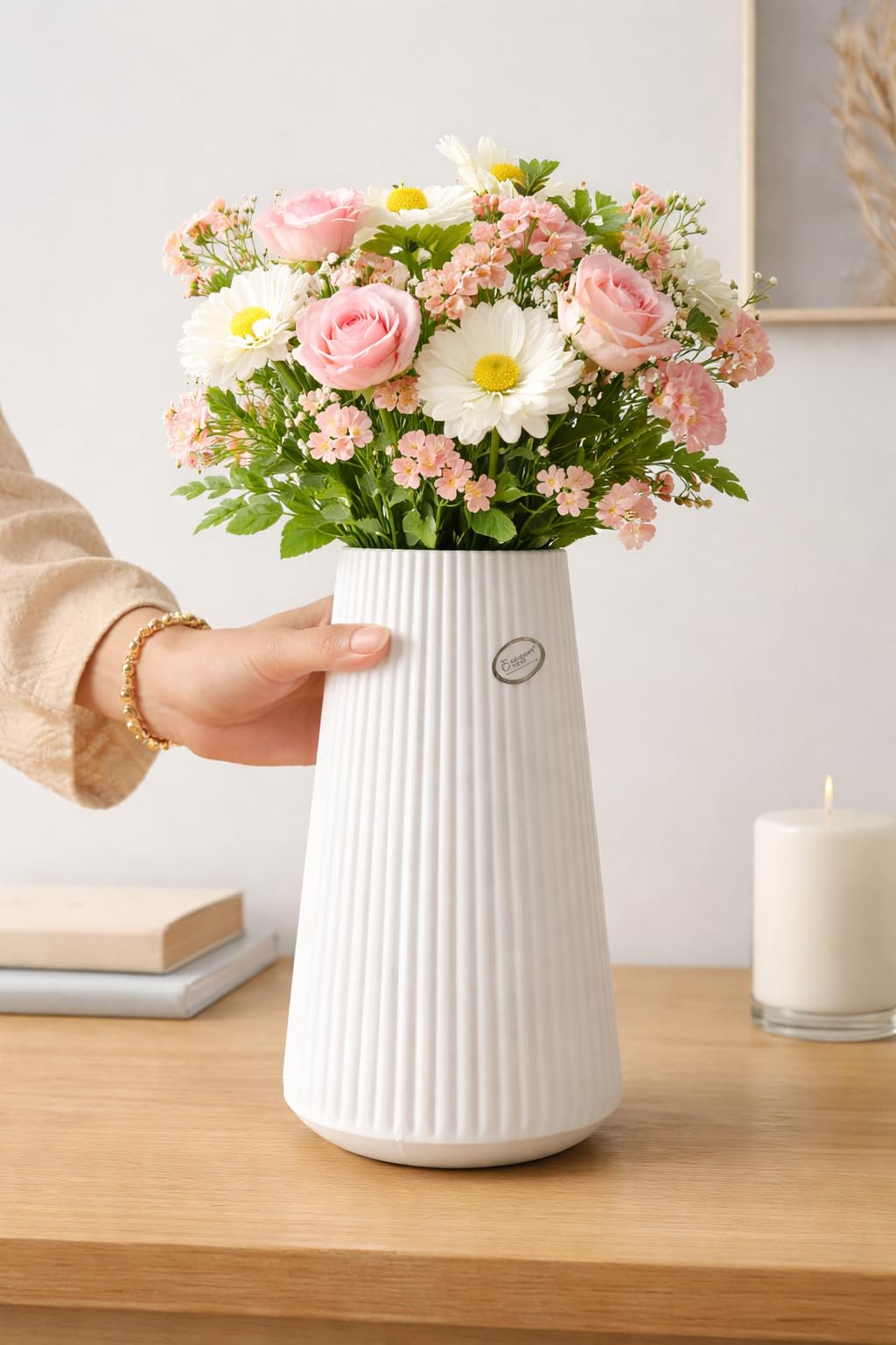 Decorative Ribbed Flower Vase & Pot, White, 25 cm, Plastic | For Dried Flowers, Rose Bunch, Peony & Pampas Grass, Home & Office Decor, Centrepiece, Only Vase-image-22
