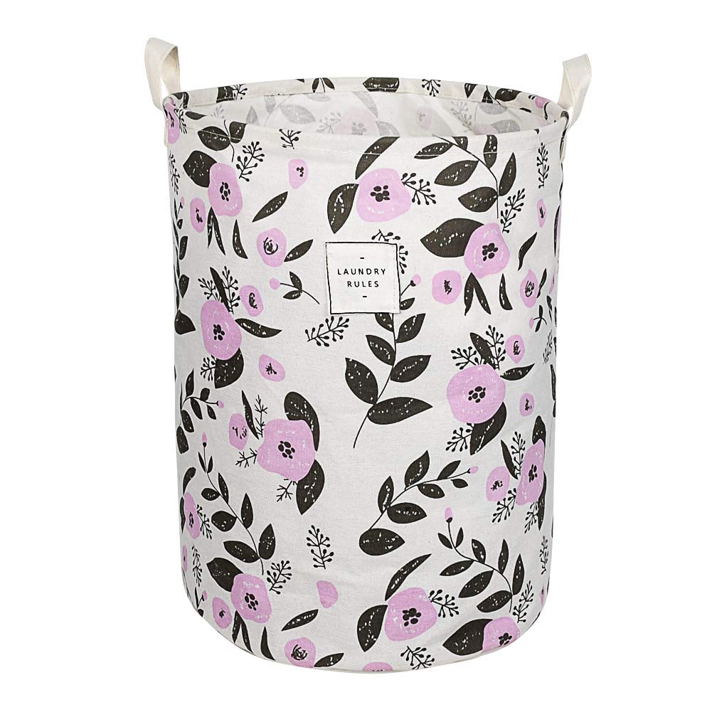 UUJOLY Collapsible Laundry Basket, Laundry Hamper with Handles Waterproof Round Cotton Linen Laundry Hamper Printing Household Organizer Basket, 19.7x15.7 inches, Purple