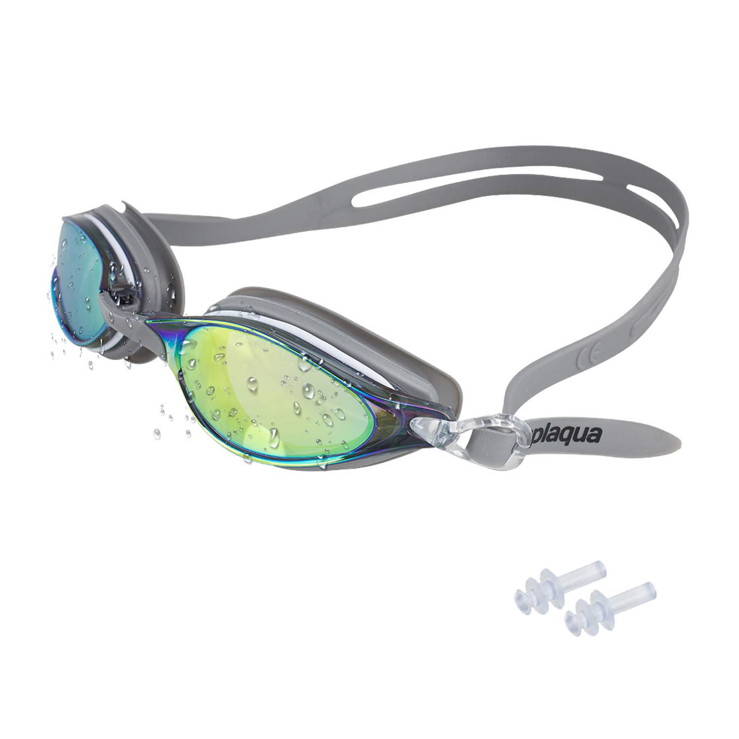 Schwimmbrille – Anti Leck verspiegelte Gläser mit UV-Schutz – Ear Plugs & Hülle enthalten – Eine Größe Passt, grau