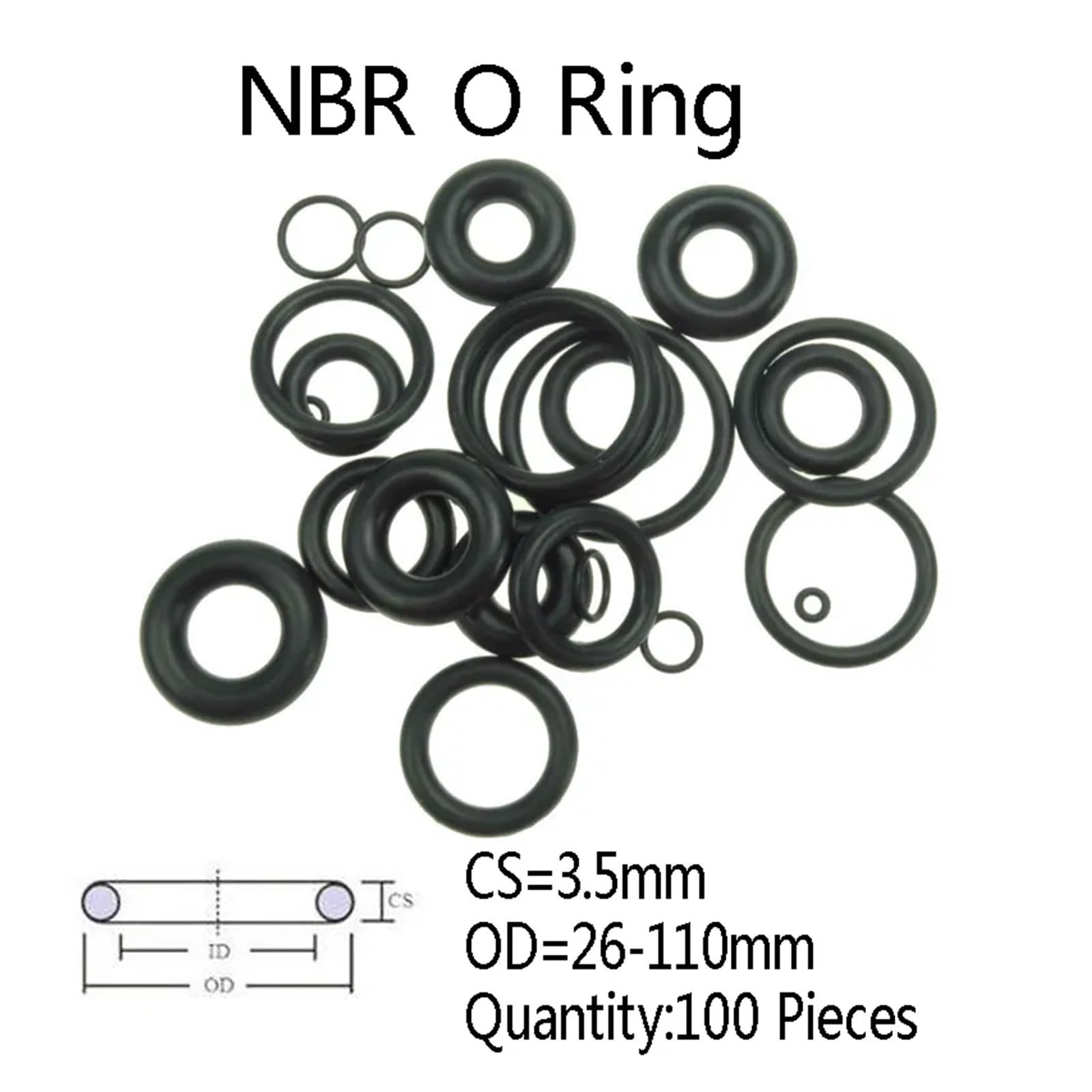 SSIMOO 100 piezas CS 3,5mm NBR junta tórica de goma junta tórica negra for automóvil junta de sellado de aceite OD 26-110mm kindly(OD87mm)