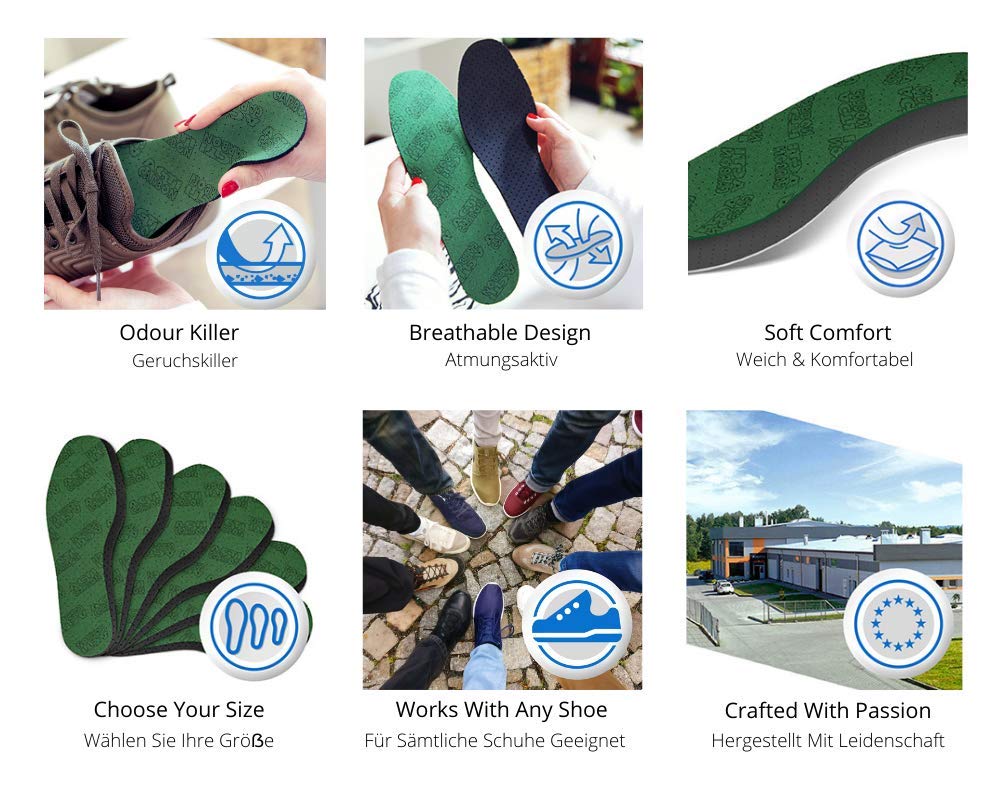 Plantillas Zapatos Carbón Activado, Paquete de 6 Pares Unisex, Absorción de Olores, Kaps 42 EUR Verde