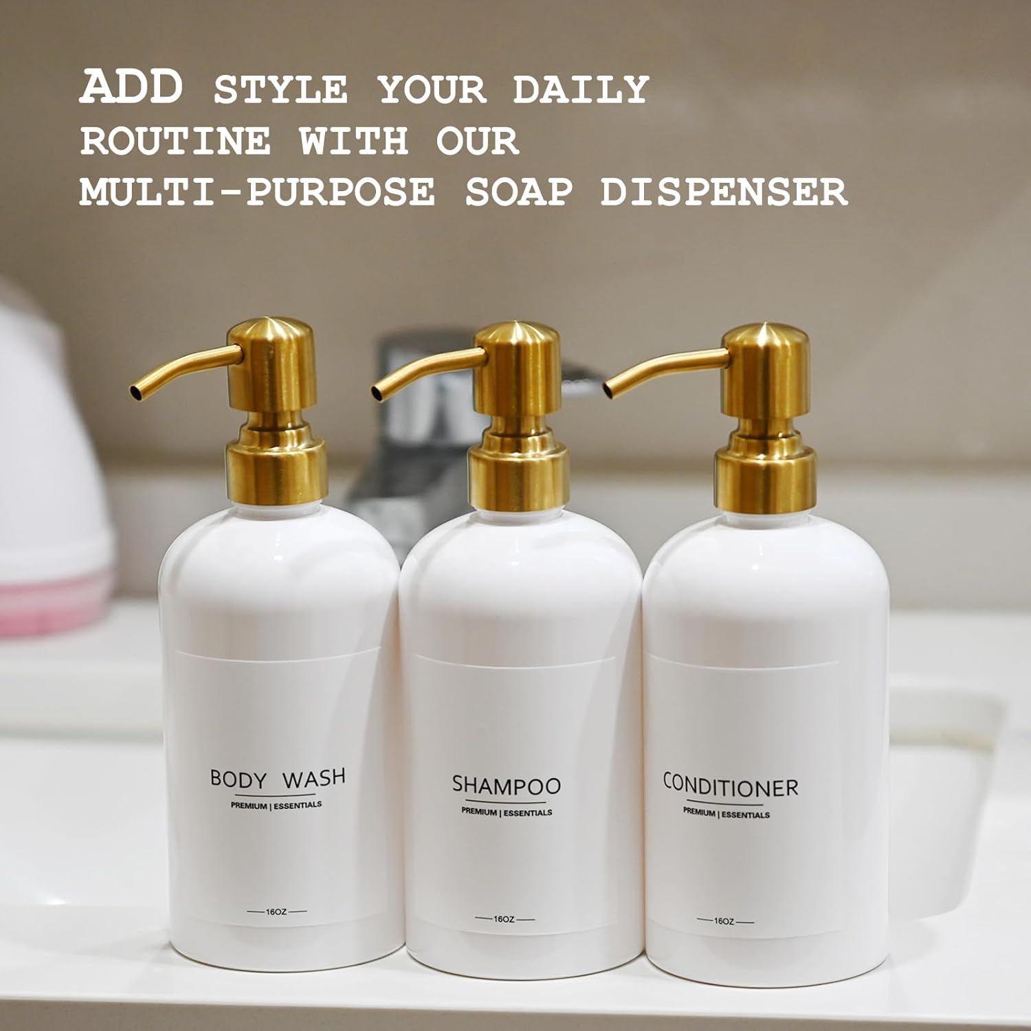 Luxury Shampoo and Conditioner Dispenser Set of 3 - Modern Refillable Shower Soap Bottles with Stainless Steel Pump, Body Wash Dispensers for Bathroom Decor Upgrade (White Bottles+Gold Pump) - Image 2