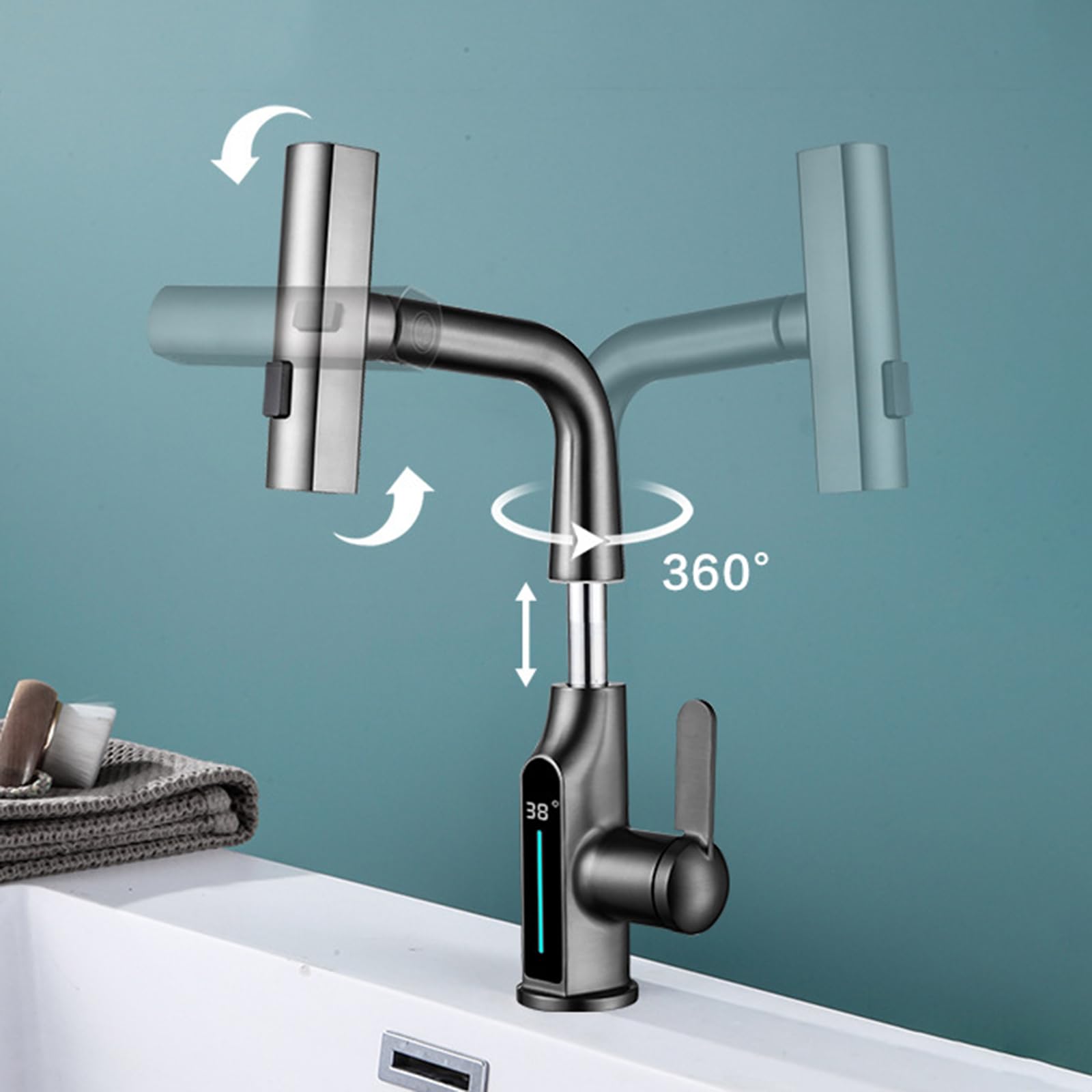 Generico Rubinetto da Bagno Rubinetto Miscelatore per Lavabo Cascata con Doccetta Estraibile Rubinetto Miscelatore Monocomando per Lavabo con Display Digitale Bianco
