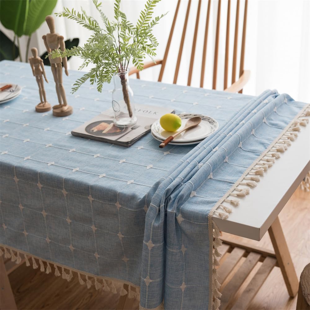 Tovaglie, tovaglia ricamata in cotone e lino lavabile con nappe