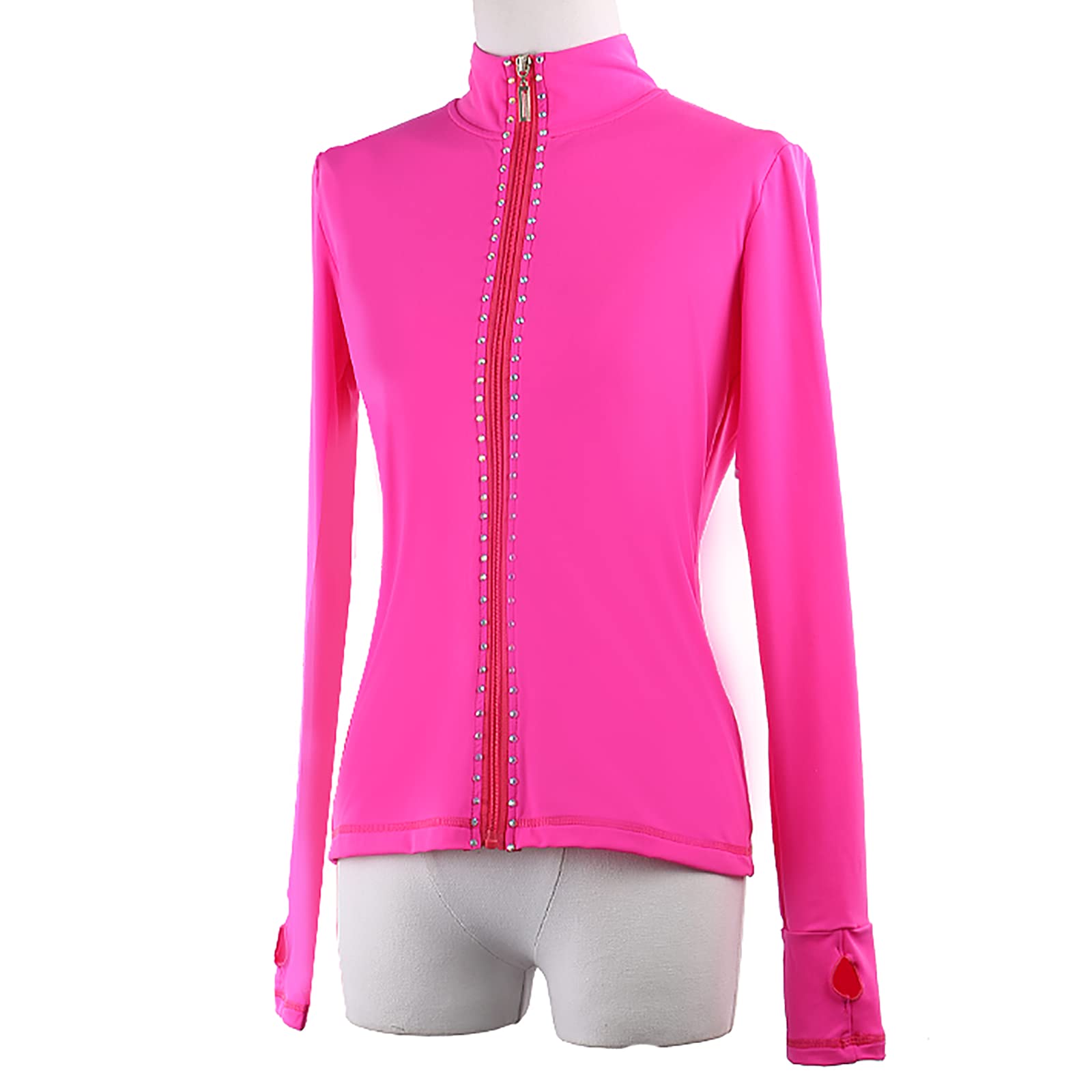 Chaqueta de Patinaje Artístico con Pedrería y Brazalete para Pulgar Niñas y Mujeres Manga Larga Prendas Abrigo Entrenamiento de Patinaje sobre Hielo(Size:S.,Color:Rosa roja)