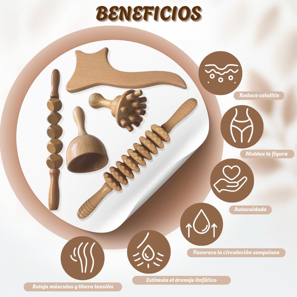 Pack de Maderoterapia Corporal Profesional para Masajes Relajantes y Celulitis con Instrucciones Qr – Compuesto por Tabla Moldeadora, 2 Rodillos(Recto y Cubos), Champiñón y Copa.