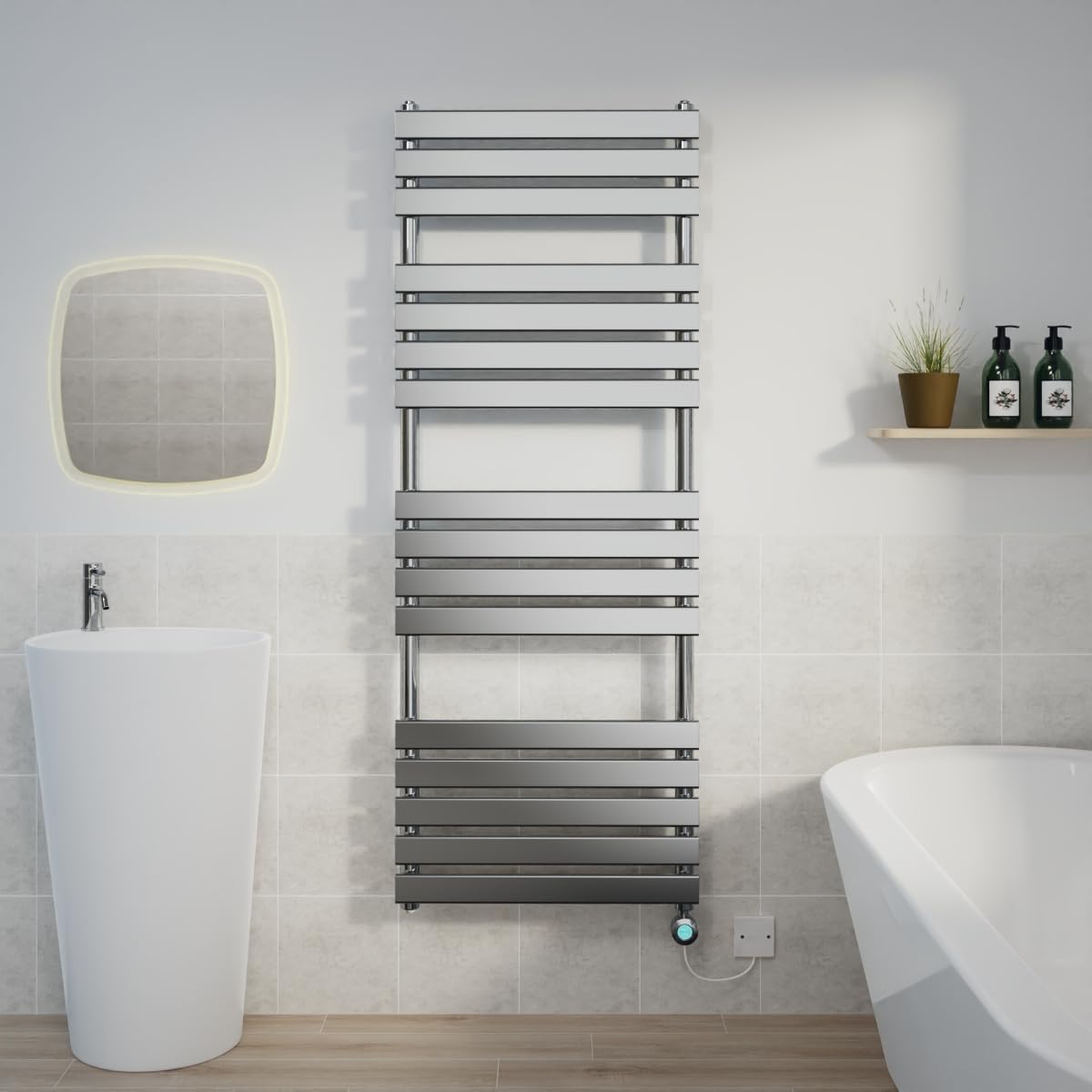 Warmehaus Chrome 1600X600mm Designer Flat Panel Electric Heated Towel Rail Thermostatic Timer Bathroom Towel Radiator 800W