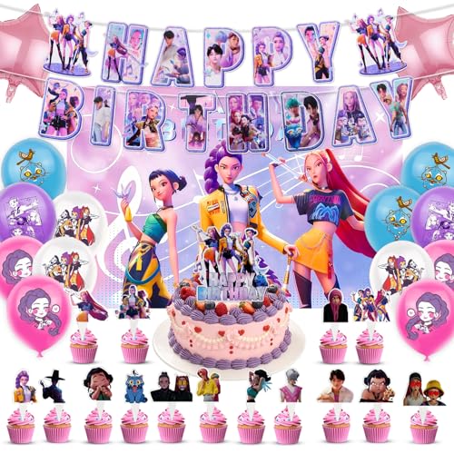 Geburtstag Deko Set Mädchen Rosa Partyzubehör 29-teiliges mit Hintergrundtuch Sternfolienballons Latex Luftballons Geburtstagsbanner Kuchendeckel