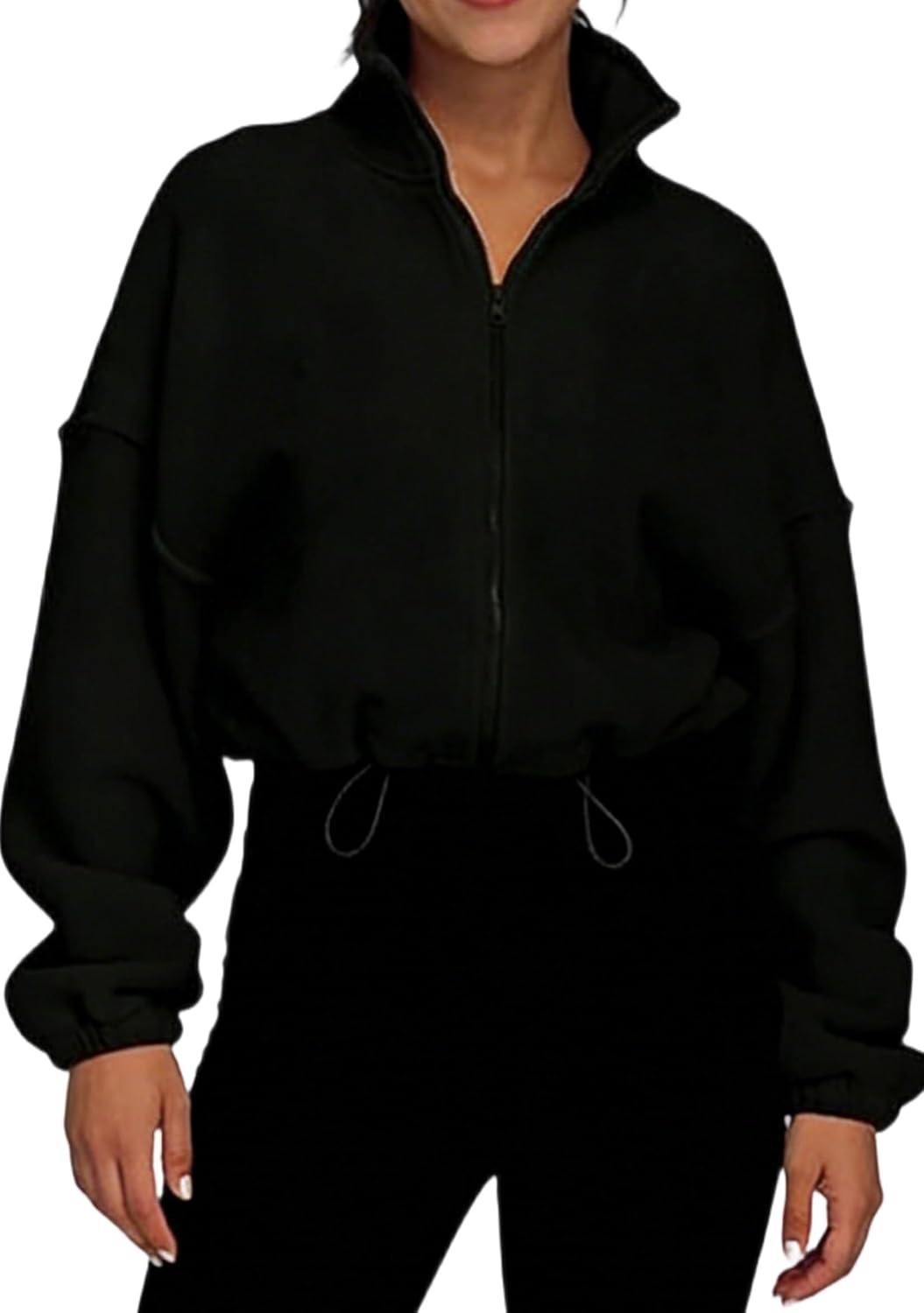 Womens Loose Stylish Sherpa Fleece Coat Lightweight Stand Collar Jacket Formal Drawstring Zip Up Jacket