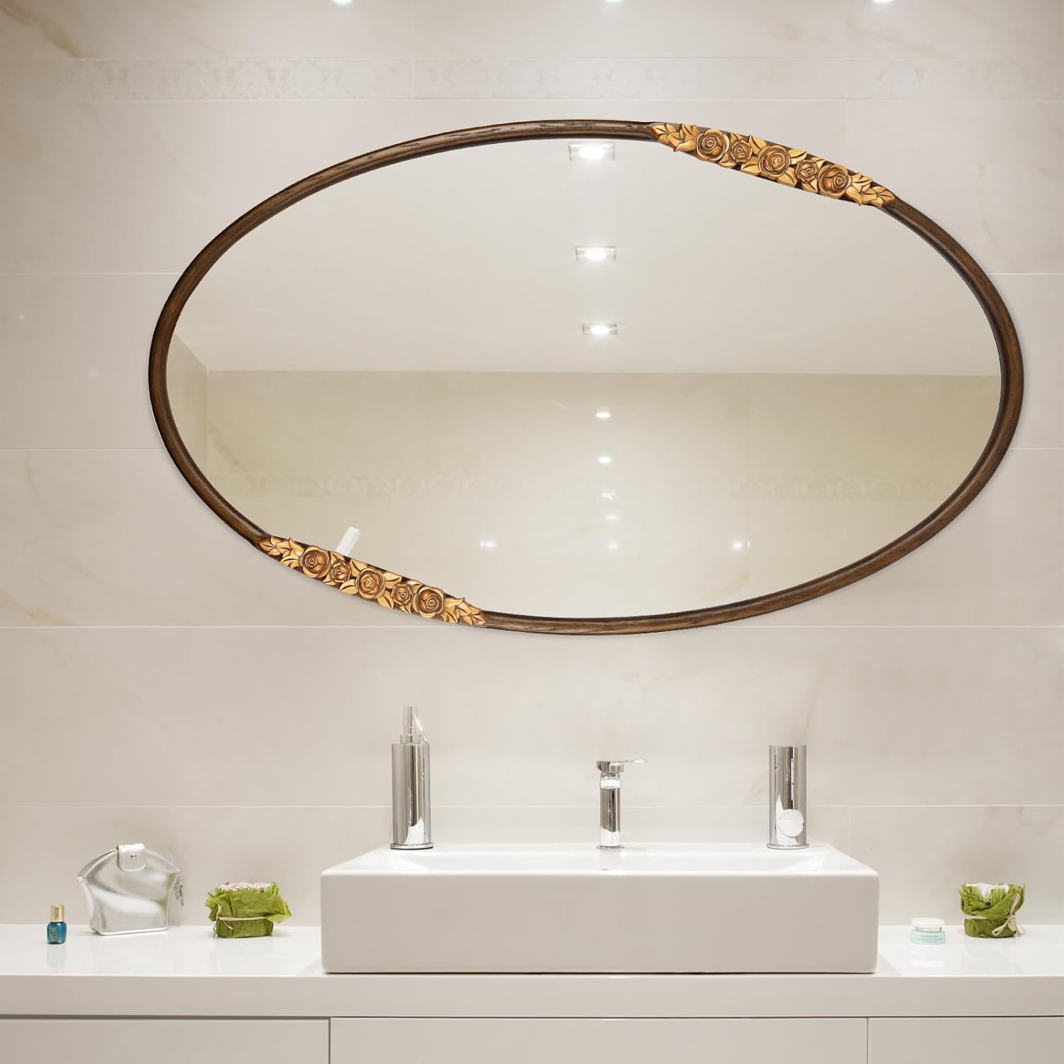 Oval Solid Wood Mirror 39x23 Inch, Walnut Oak Frame, Large Wall Mounted Wooden Makeup Mirror for Bedroom, Living Room, Bathroom(Walnut, 39" x 23")