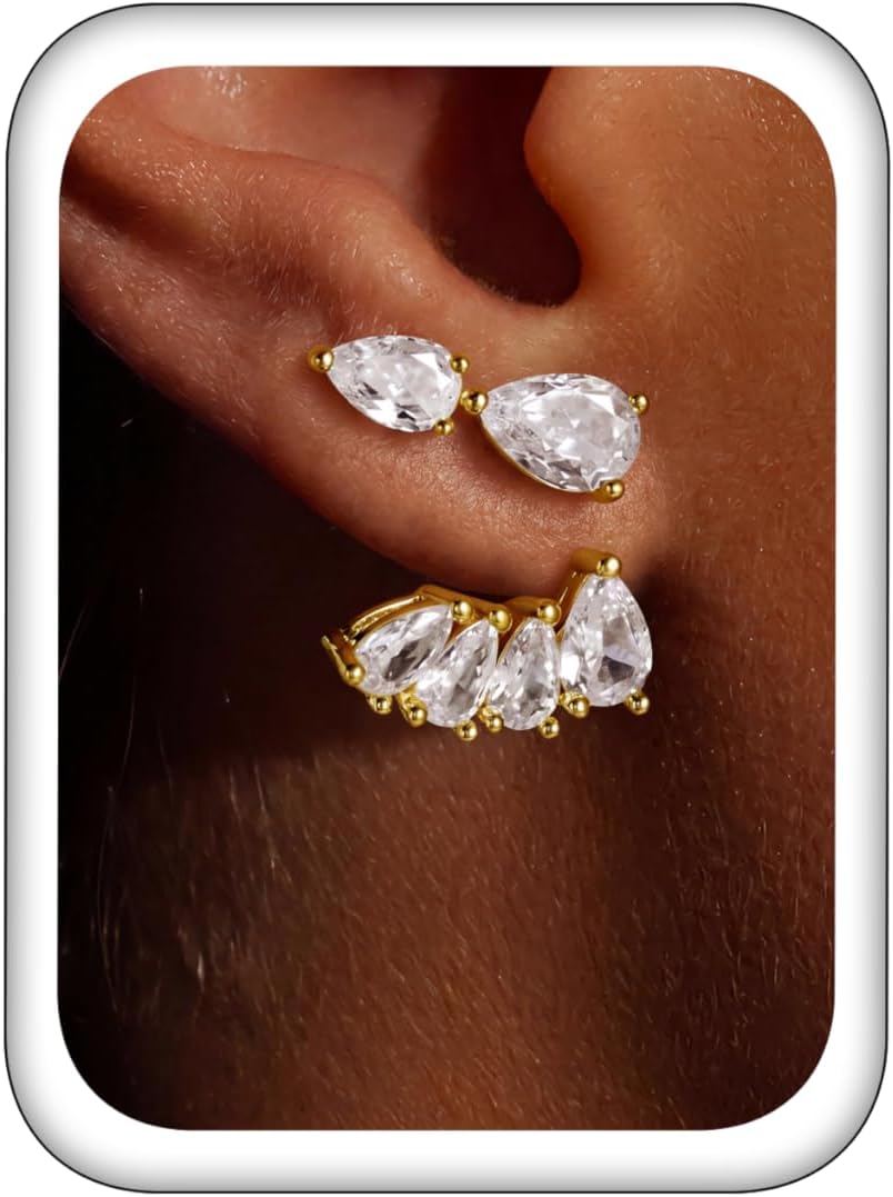 Gold Front and Back Stud Earrings Women's Trendy Cubic Zirconia Studs Dainty and Cute Multi-Shape Jewelry