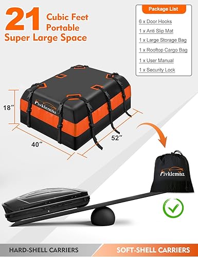 Miniatura 4 de FIVKLEMNZ Car Rooftop Cargo Carrier 21 Cubic, Roof Bag Waterproof Topper Luggage Carriers for All Vehicle withWithout Rack Bar Include Anti-Slip Mat