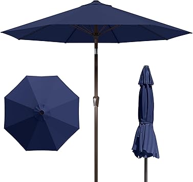 PatioKingdom Auto-Tilt 9FT Patio Umbrella Outdoor with 8 Sturdy Fiberglass Ribs,Market Table Umbrella for Pool,Backyard,Deck and Garden Navy
