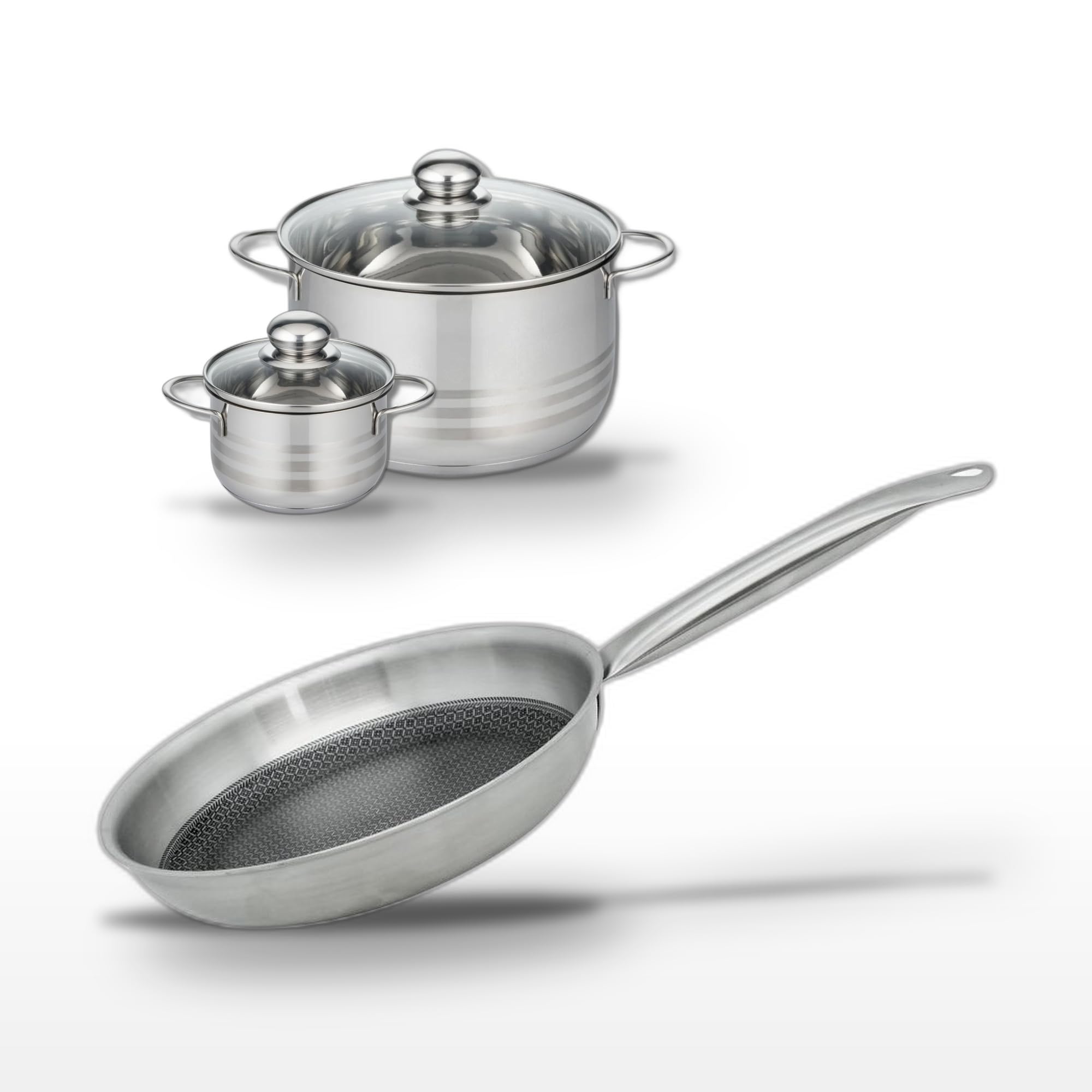 Elo Batterie de cuisine 1 poêle 24 cm et 2 faitouts 12/24 cm | Lot 3 pièces pour équiper la cuisson, Poêle 24 cm et 2 faitouts, Inox aluminium acier, Induction vitrocéramique gaz four
