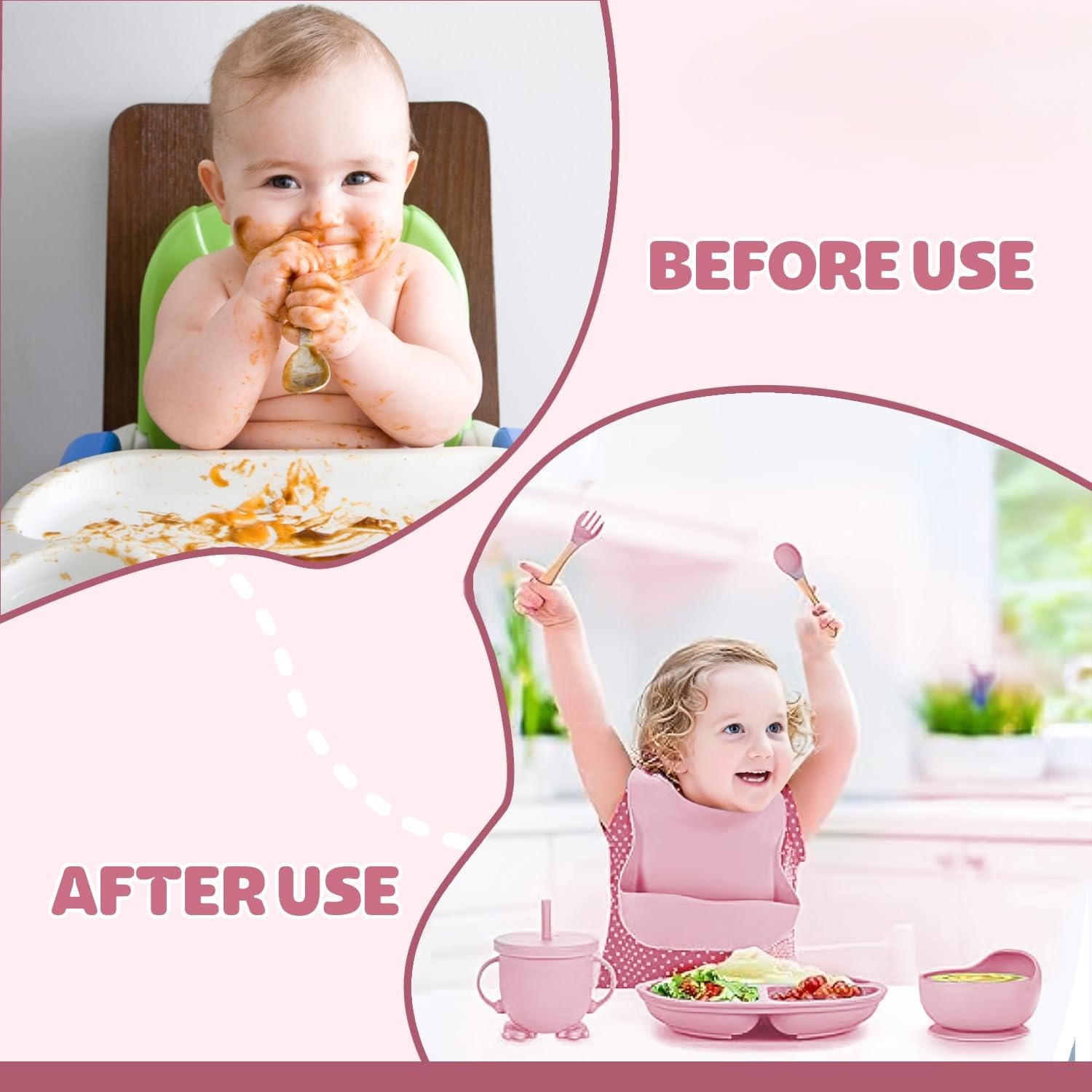SHIKSHA PATRI 6PCS Silicone Baby Feeding Set – Suction Plate, Bowl   , Bib, Spoon, Fork, Cup – BPA-Free, Non-Toxic, Microwave & Dishwasher Safe for Toddlers 6+ Months (Pastel Pink) - Image 8 thumbnail
