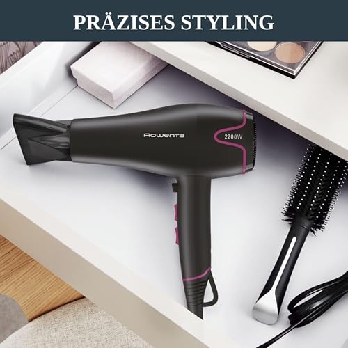 Foto von Rowenta CV5713 Motion Dry Haartrockner | 2200 Watt | schnelles Trocknen | 6 Einstellungen | Stylingdüse | Kaltluftstufe | leicht | abnehmbares Gitter | langes Kabel | Schwarz/Pink