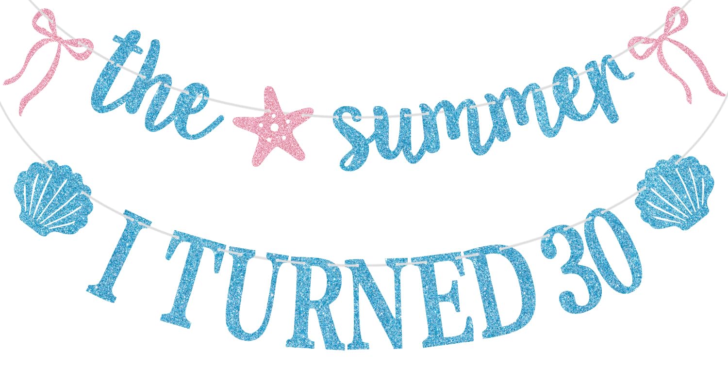 Blue Glitter Glitter the Summer I Turned 30 Banner, Hawaiian Summer Tropical Birthday Decor, Shell Starfish Themed 30th Birthday Party Decorations Supplies — image 1