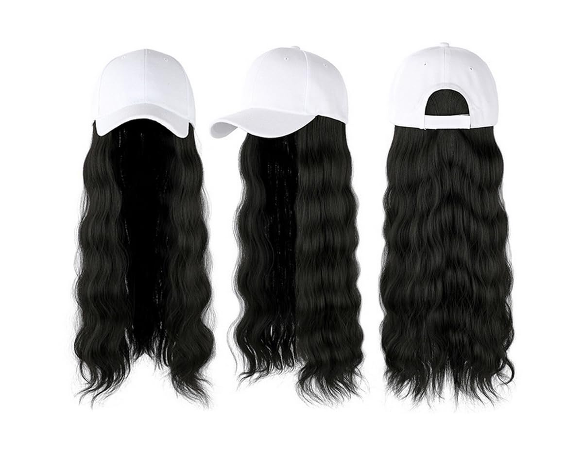 Women's Wig Baseball Cap Hat Long Curly Wig Hair Extension Hat White Baseball Cap for Daily Wear Photo Shoot (Black)
