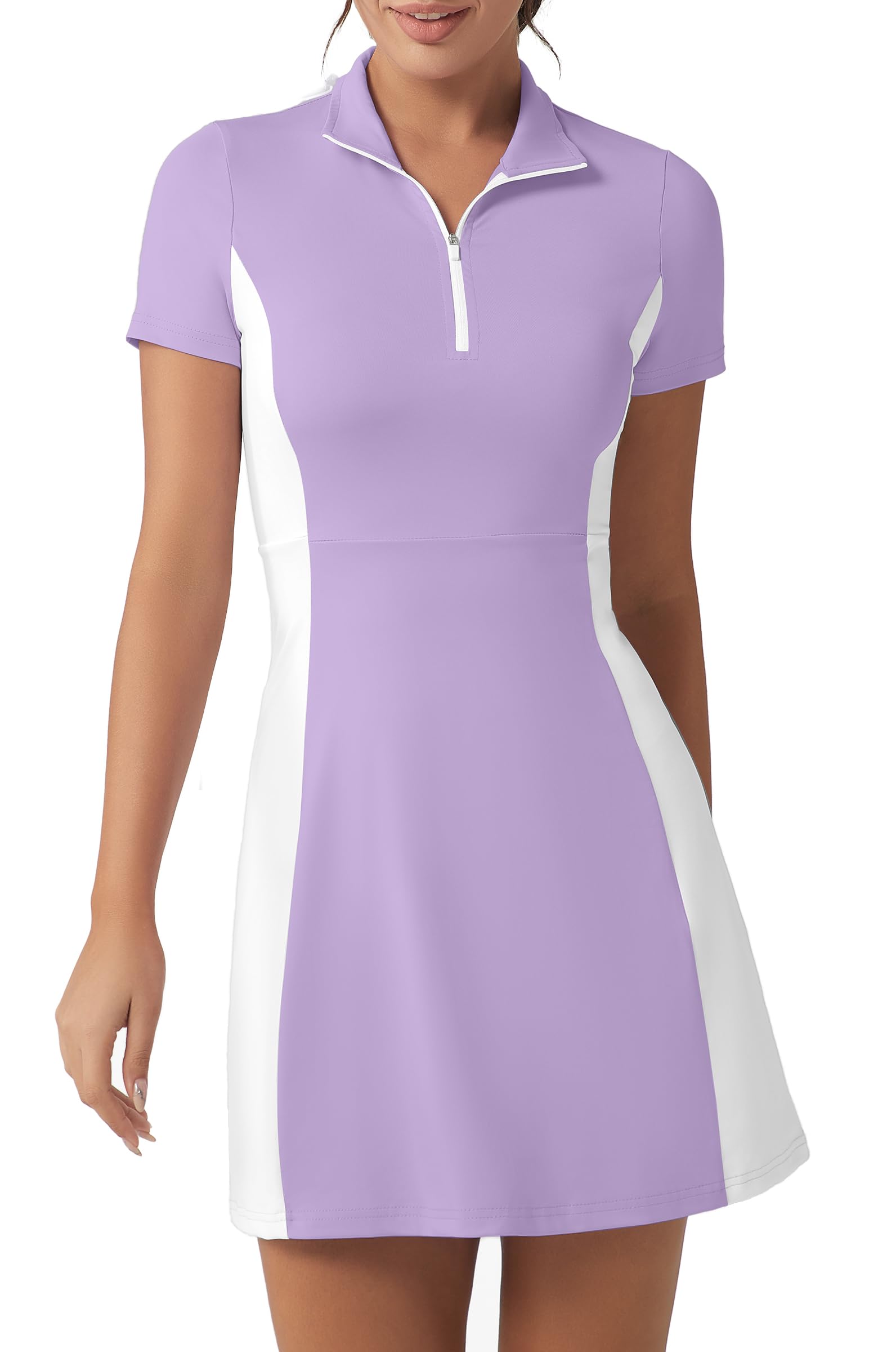 FKEEP Golf Tennis Dress with Shorts Women Polo Neck Athletic Workout Golf Dress Casual Sleeveless Block Dress, Light Purple And White, S