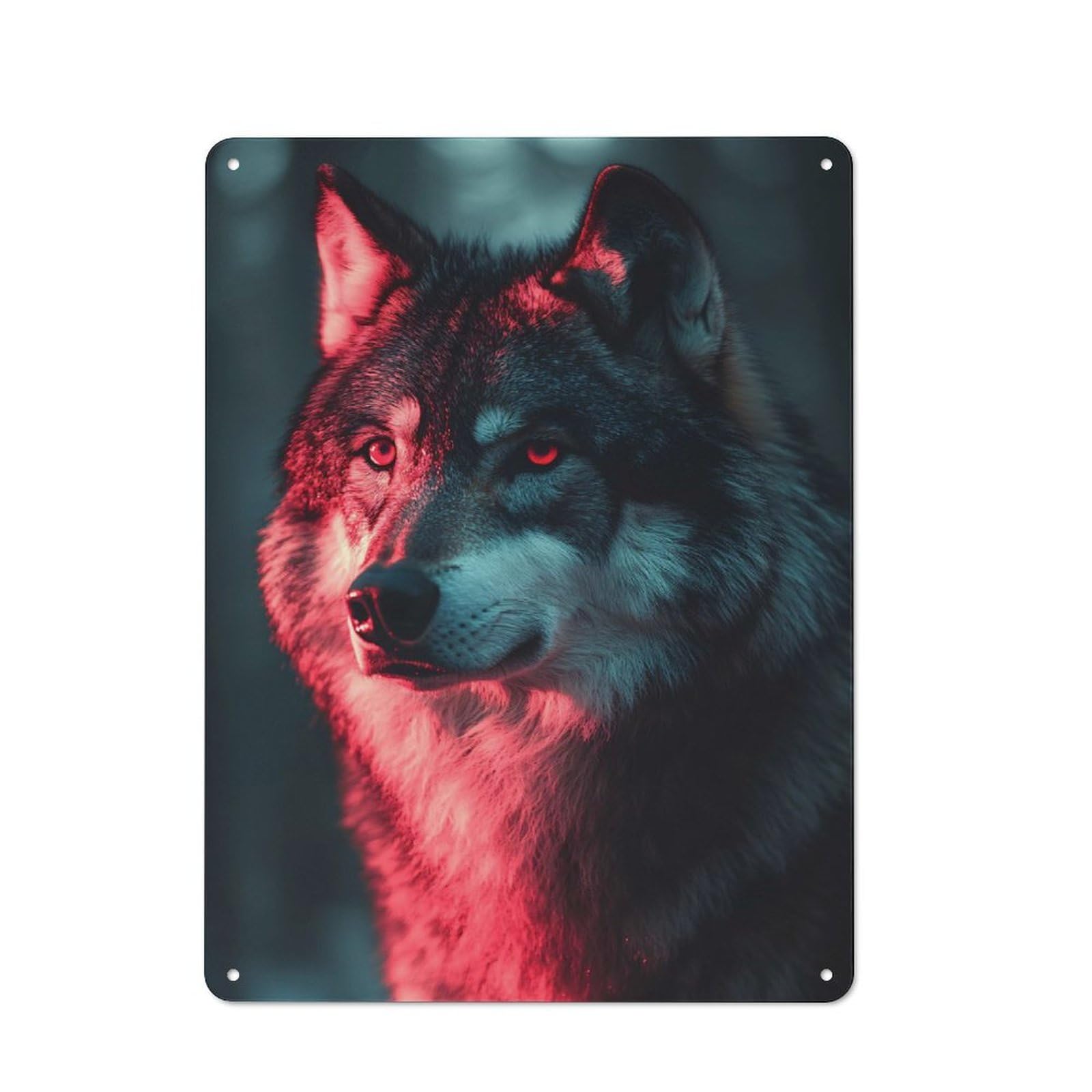Junmoney Style-6 Tin Wall Plaque 40X30cm With Wolf Portrait With Red Lighting For Garage Wall, Suited To People Furnishing A Garage