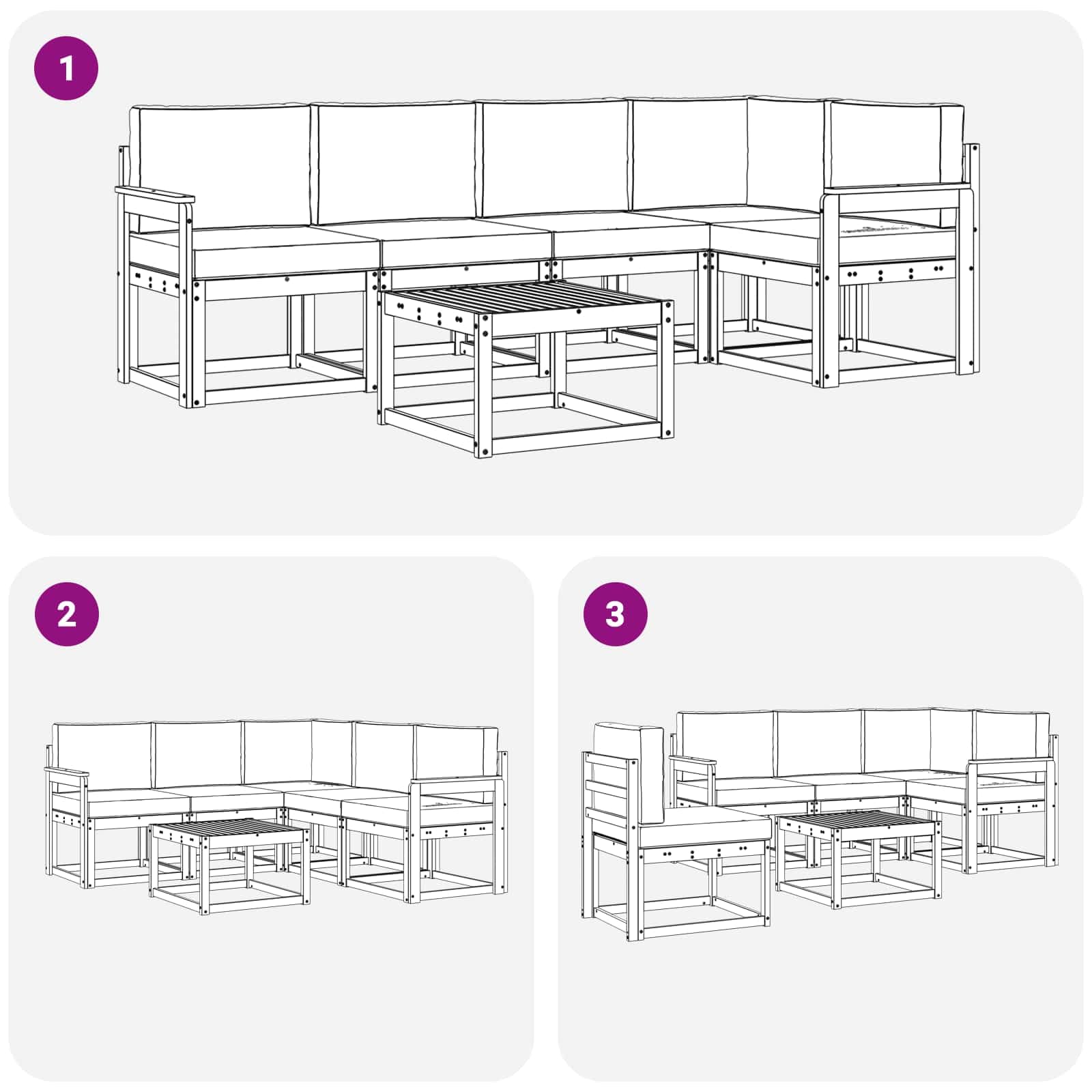 Gartenmöbelgarnitur 6-teilig aus massivem Akazienholz in Weiß und Creme wetterfestes Outdoor-Set für Terrasse, Balkon und Garten mit Tisch, Sofas, Armlehnen, Sitz- und Rückenkissen