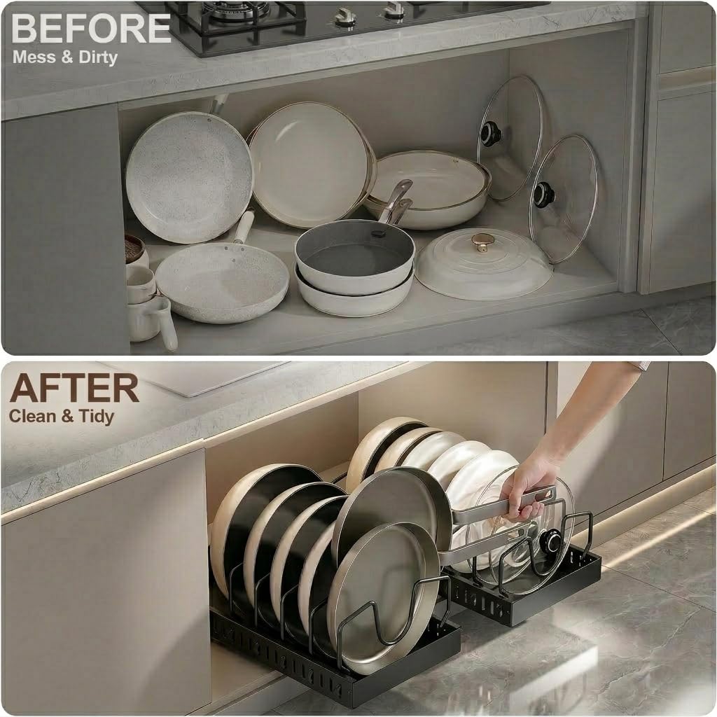 2 Piezas Organizador Cocina Ollas y Sartenes, Deslizante Organizador Tapas Ollas con 8 Compartimentos Ajustable，Organizador Sartenes y Ollas Cajon，Soporte Sartenes，Negro