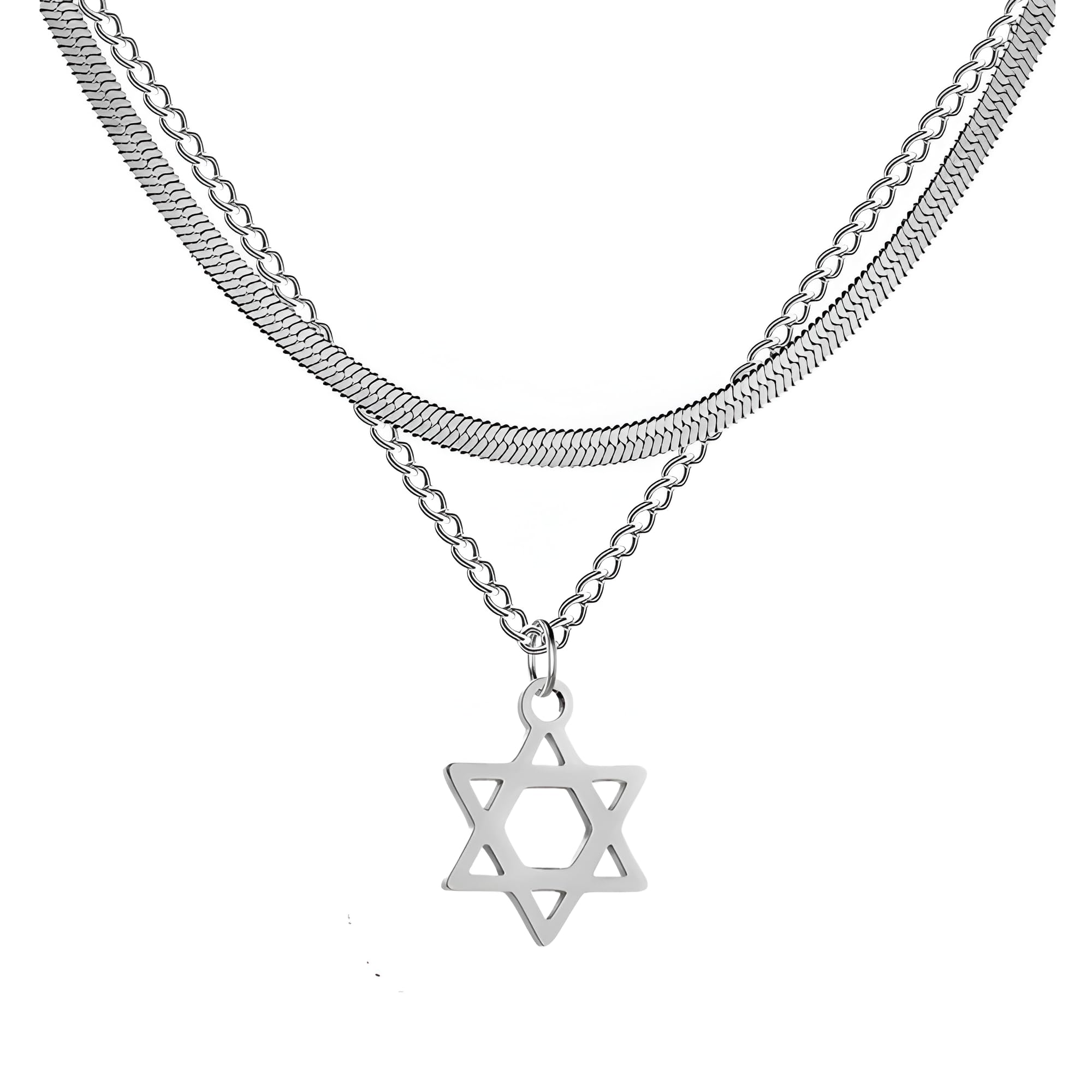Collier étoile de David anti-ternissement en argent véritable à double rang