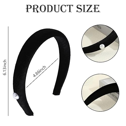 Miniatura 6 de Kasmena Diademas acolchadas negras para mujer, diadema de perlas anchas sólidas para niñas, banda de satén suave sin dientes, bandas gruesas para la