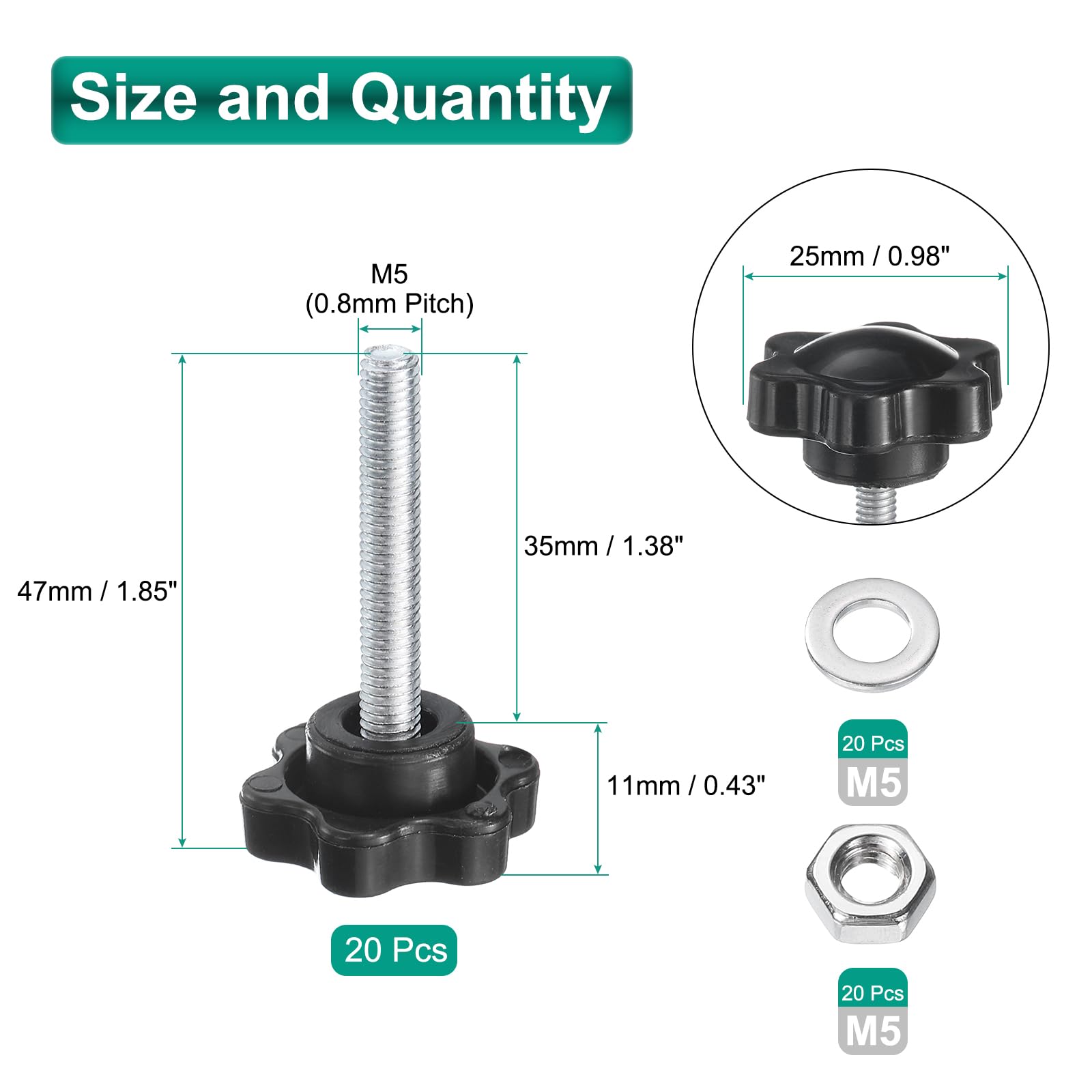 uxcell 20pcs Star Clamping Knobs with Nuts Washers, M5 x 35mm Metric Zinc Plated Carbon Steel Male Thread 25mm 6-Star Plastic Head, Threaded Stud Hand Knobs Handles Thumb Screws, Black