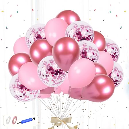 Amazon 風船 60個入り 3色組み合わせ 30cm 極厚 光沢 バルーン キラキラ 紙吹雪付き 割れにくい ゴム風船 パーティー バースデー 卒業式 結婚式 記念日 飾り付け デコレーション 空気入れ付き 男の子 女の子 誕生日 バルーン メタリックピンク ピンク 風船