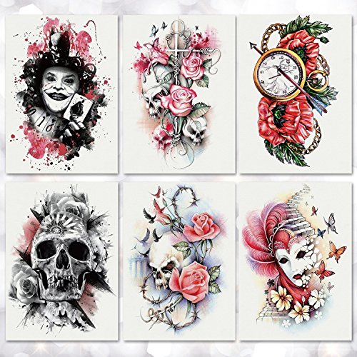 Halloween Temporary Tattoos, Large Bright Rose Skull Tattoos Sticker, Adult Temporary Tattoos For Parties Halloween Cosplay Makeup, 6-Sheet #TOP19