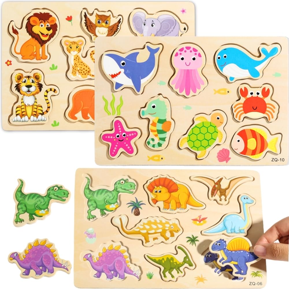Pack 3 Puzzle Madera Niños y Niñas 1, 2 y 3 años, Puzzles Encajables 24 Animales Coloridos, Puzzle Madera Bebé 1 año, 2 años y 3, Guardería, Regalos Cumpleaños Infantil Educativos (Set 3 Puzzles)