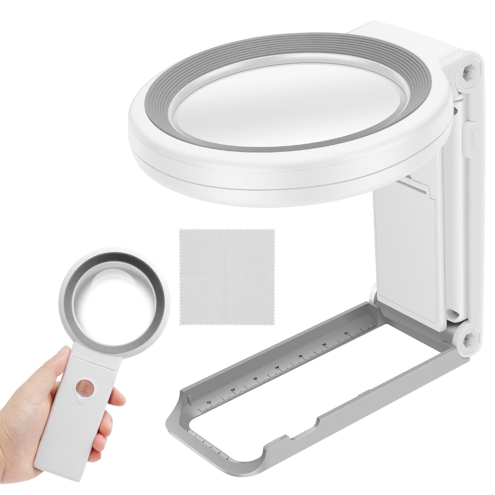 30X 10X Magnifying Glass with Light and Stand, Folding Handheld Magnifying Glass 3 Color Modes Dimmable Lighted Page Magnifier for Macular Degeneration, Seniors Reading, Close Work, Jewelry