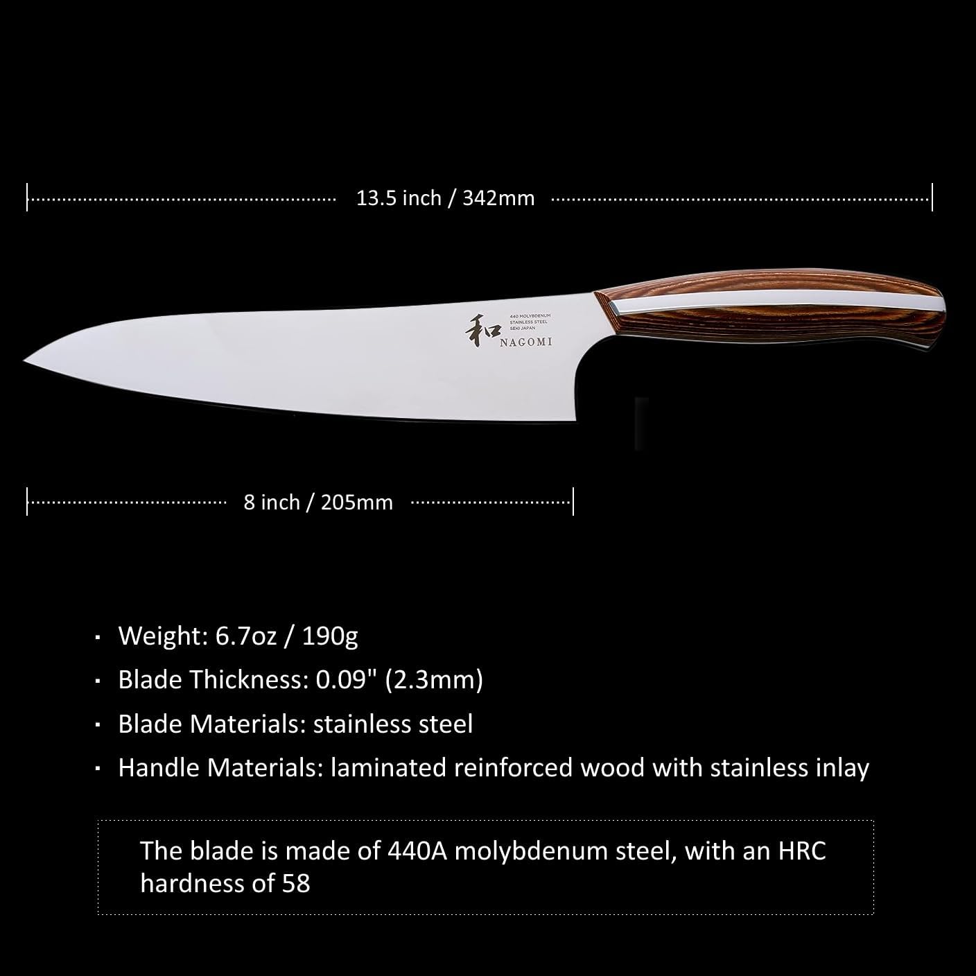 [NAGOMI] 8 inch Chef Knife | Stainless Steel HRC58 Professional Japanese Kitchen Cooking Knife with Ergonomic Handle for Thick Meat and Fish | Stylish Gift Box