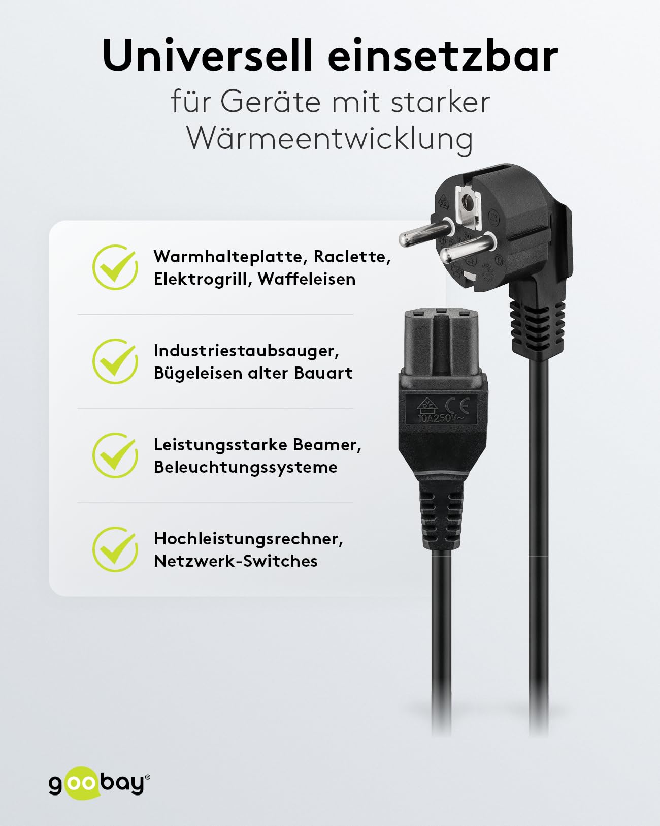 Goobay 93277 kabel do podgrzewania z gniazdem C15, kabel zasilający do płyty grzewczej, kabel zasilający 3-biegunowy, CEE, wtyczka do urządzeń grzewczych, czarny, 2 m