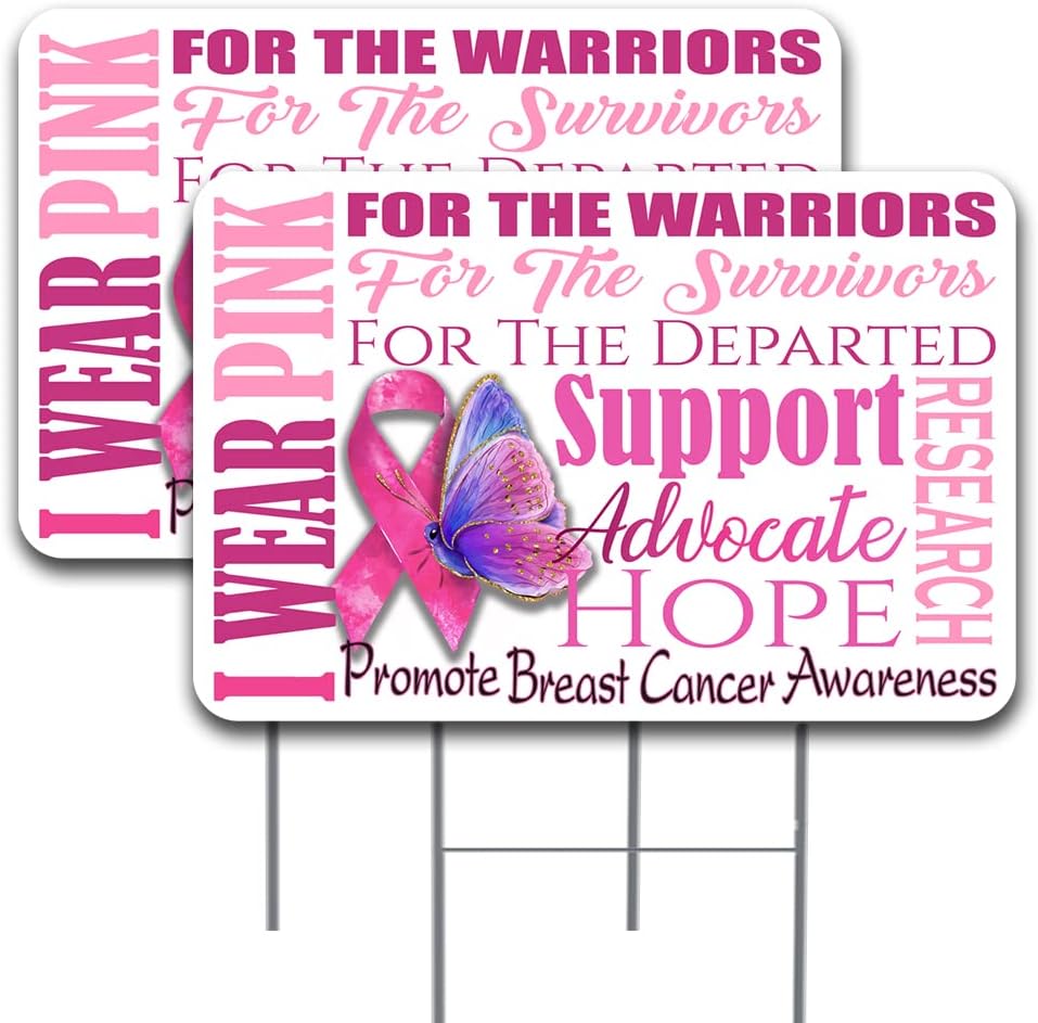 I Wear Pink Cancer Awareness 2 Pack Yard Signs 16" x 24" - Double-Sided Print, with Metal Stakes