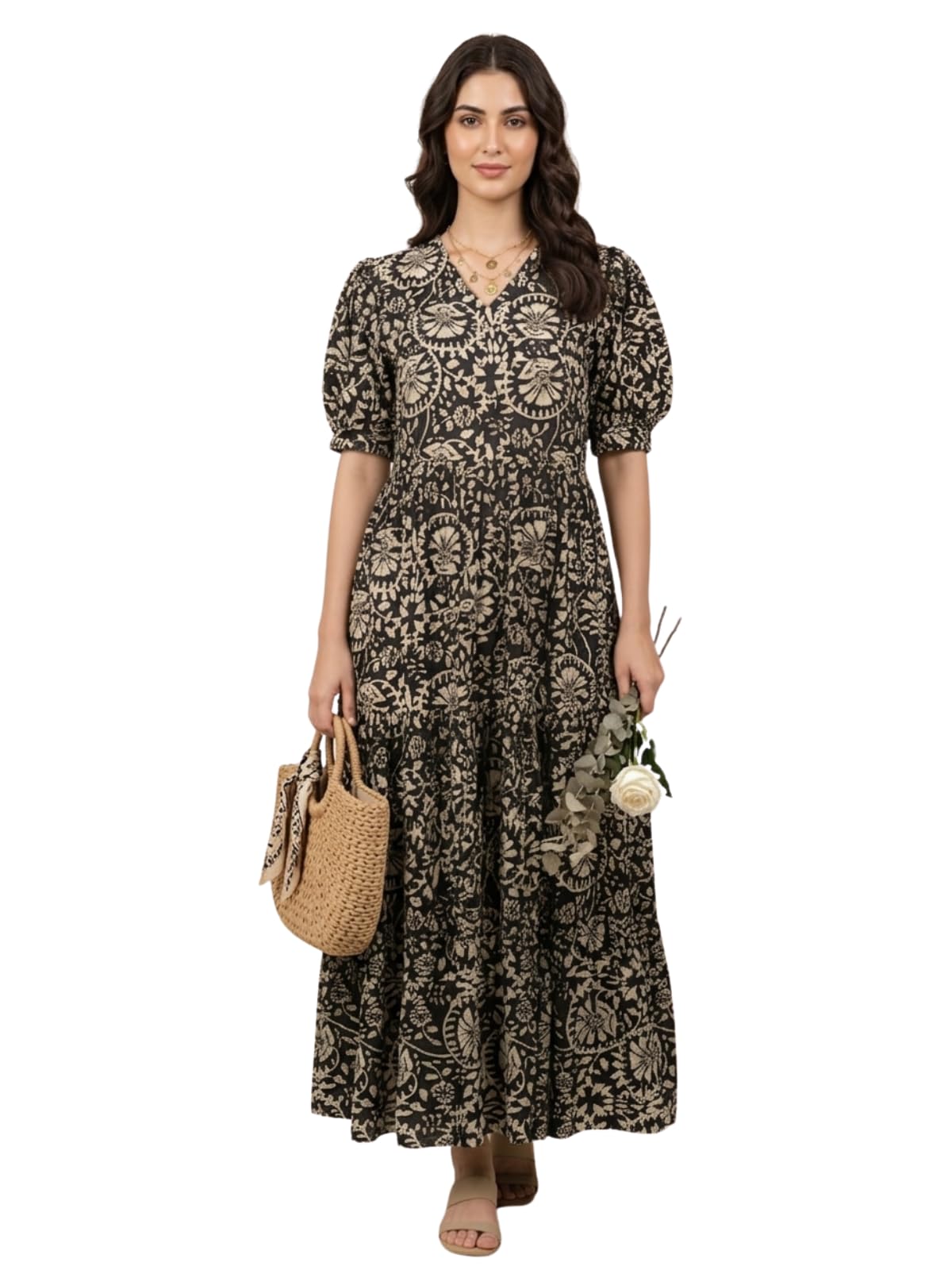 leriya fashion Women Maxi Dress for | Woman Stylish V Neck Puff Sleeve One Piece Dresses | Long A Line Flared Dresse's for Womens-picture-35