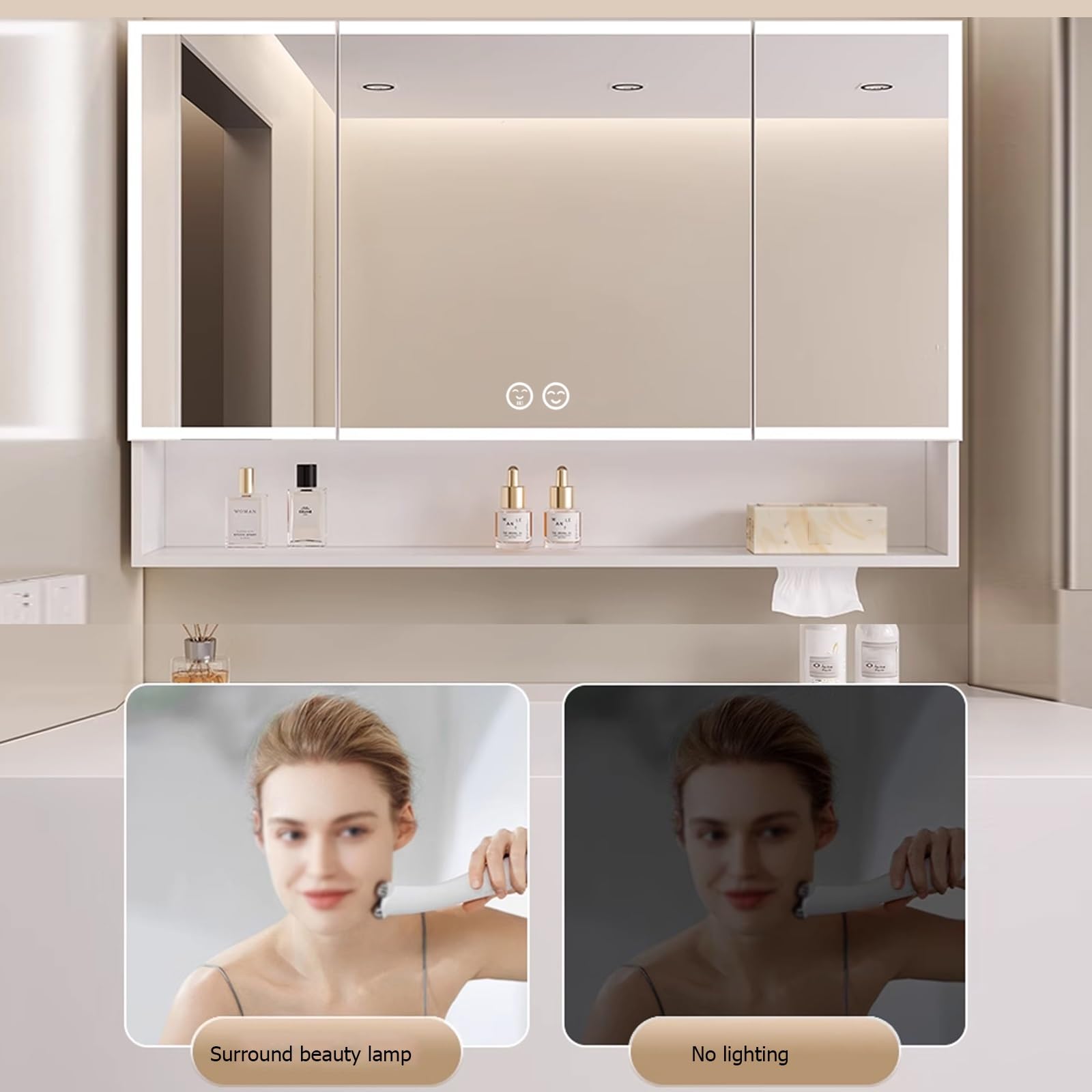 Armario espejo baño con luz,armario baño con espejo y luz led,LED espejo con almacenaje de maquillaje,armario baÃo con Interruptor Táctil,visualización de la hora(Beige,W70*H70cm/W27.5*H27.5in)