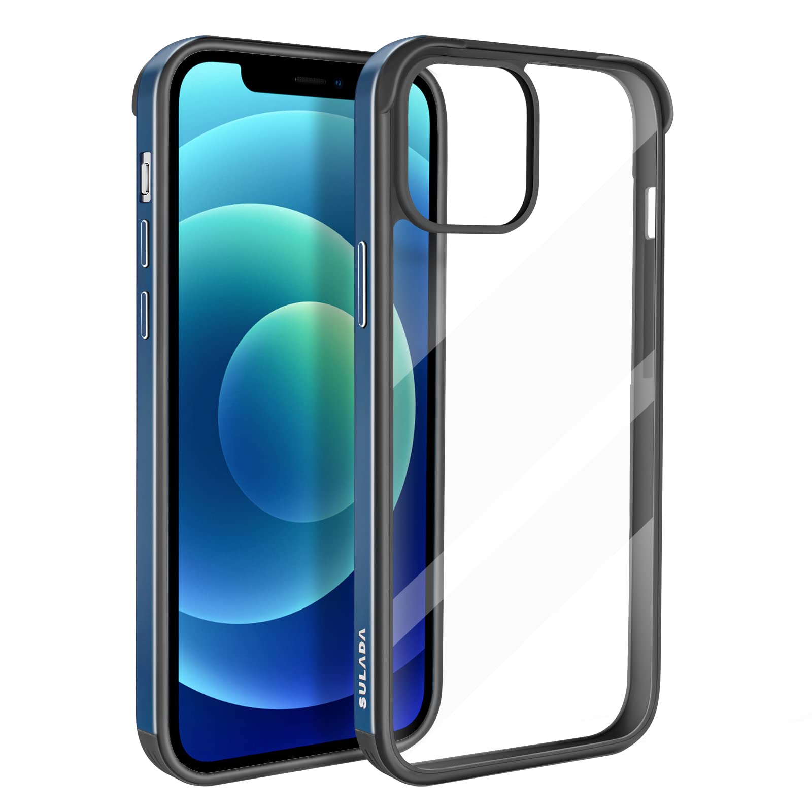 ASOBEAGEMobile Phone Cases & Cover Metal Frame Shockproof Slim Scratch Resistant Non-Yellowing Transparent for iPhone 12/iPhone 12 Pro (Dark Blue)