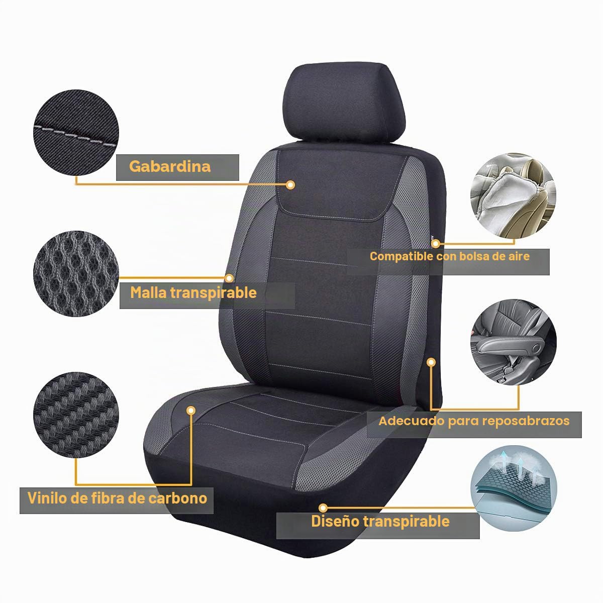 Flying Banner Gabardina Malla Funda Asiento Compatible con airbag y reposabrazos Laterales(Parte Delantera, Gris)