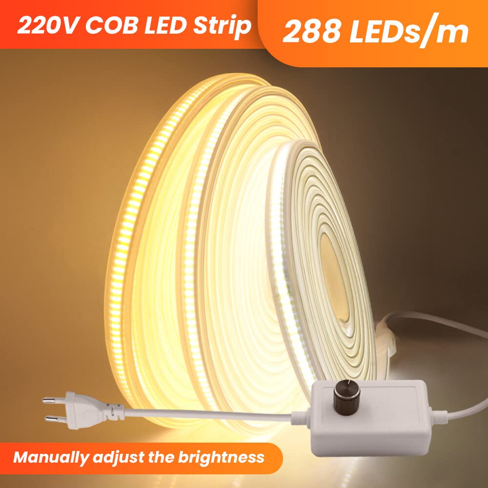 Dimmbar COB LED Streifen 10m,220V 288 LEDs/m FCOB Naturweiß 4000K LED Band CRI>85,Hohe Dichte Flexibler Wasserdichte Superhell COB LED Lichtband mit Dimmer für Schlafzimmer, Schrankbeleuchtung