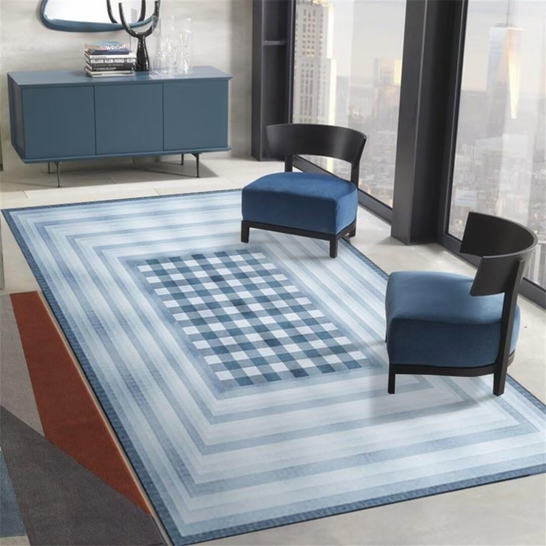 Alfombra de salón azul con celosía para crear un rincón de lectura