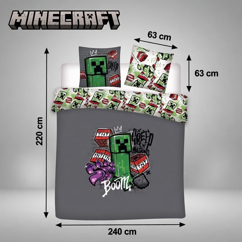 Minecraft Funda Nórdica Doble 240x220 Metro Art + 2 Fundas 63x63 | Licencia oficial | Microfibra Oeko-Tex secado rápido | Graffiti Creeper TNT Pixel | Reversible 2 diseños | Gamer