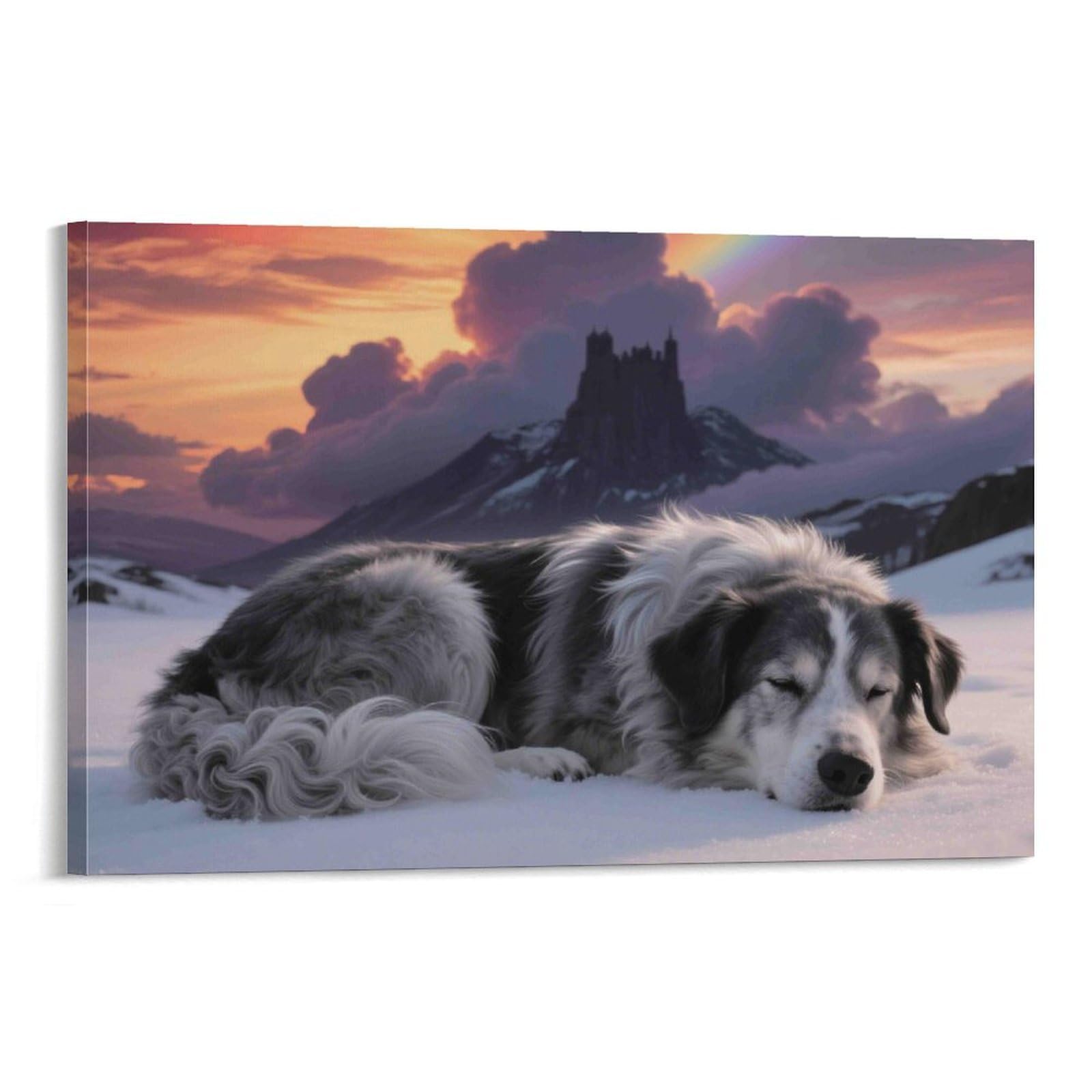 CPLVKWRQJ Sleeping Dog Snowscape 1 Piece Fluffy Dog Sleeping Snowy Sunset Mountain Canvas Wall Hanging - Nursery Space Saving Removable Ready to Hang Wall Decor 12x18inch(30x45cm)