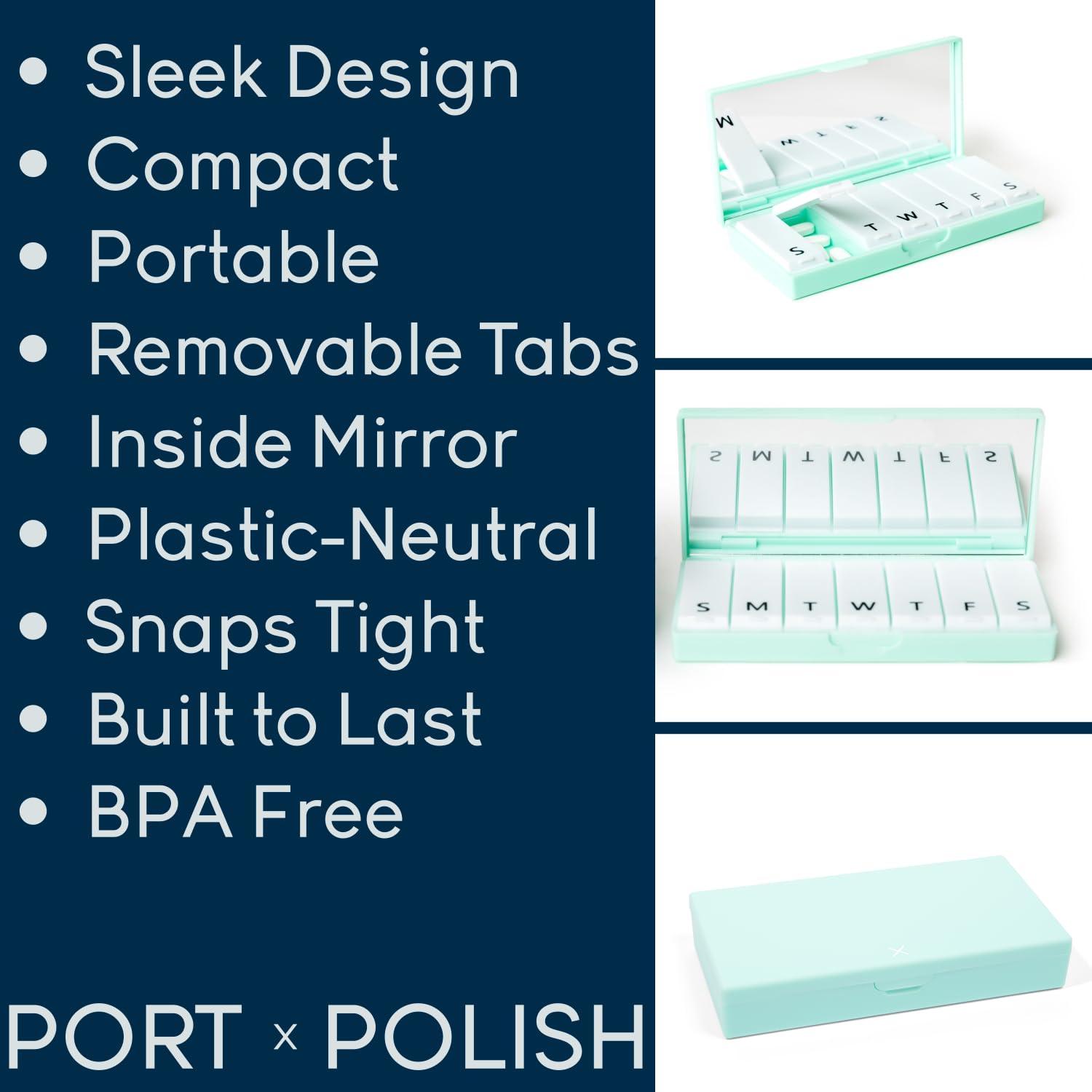 PORT X POLISH Designer Weekly Pill Box Organizer (Single 1X Daily, Blush Pink) | Compact, Stylish 7-Day Vitamin Supplement Case | Cute Portable Mini Travel Medicine Carrier | BPA-Free Pillbox Caddy