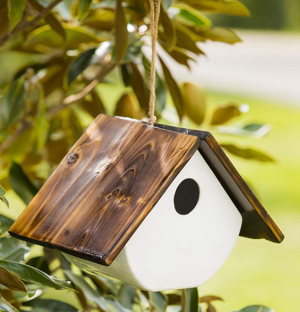 White Ceramic and Wooded Restful Hanging Birdhouse for Outdoor Garden