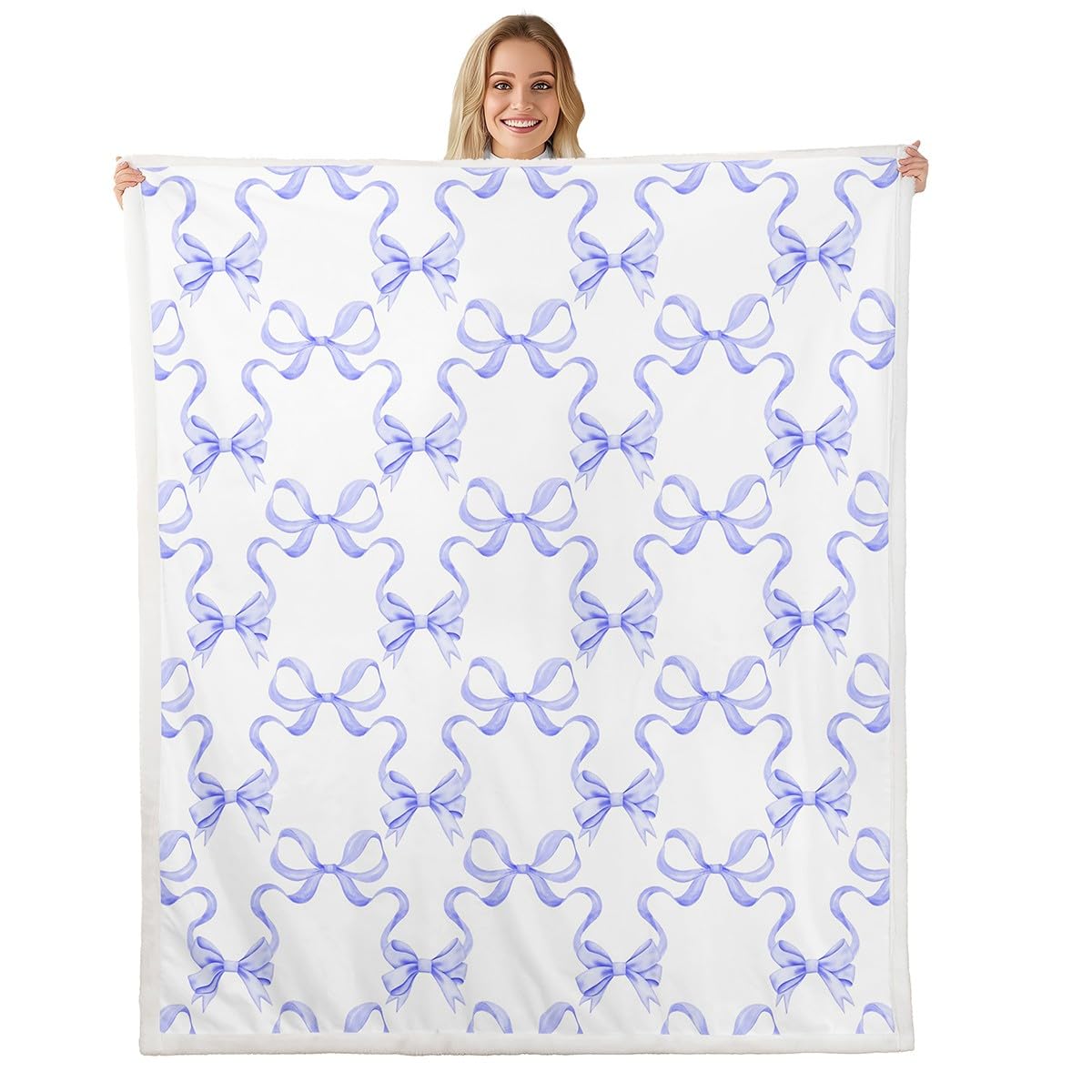 feelingyou Purple Bowknot Throw Blanket,Princess Style Watercolor Bow-tie Bed Blanket for Boys Girls,Fairy Tale Bow Ribbon Stripes Fleece Blanket,Purple White Fuzzy Blanket,Baby Size (30 x 39 Inches)
